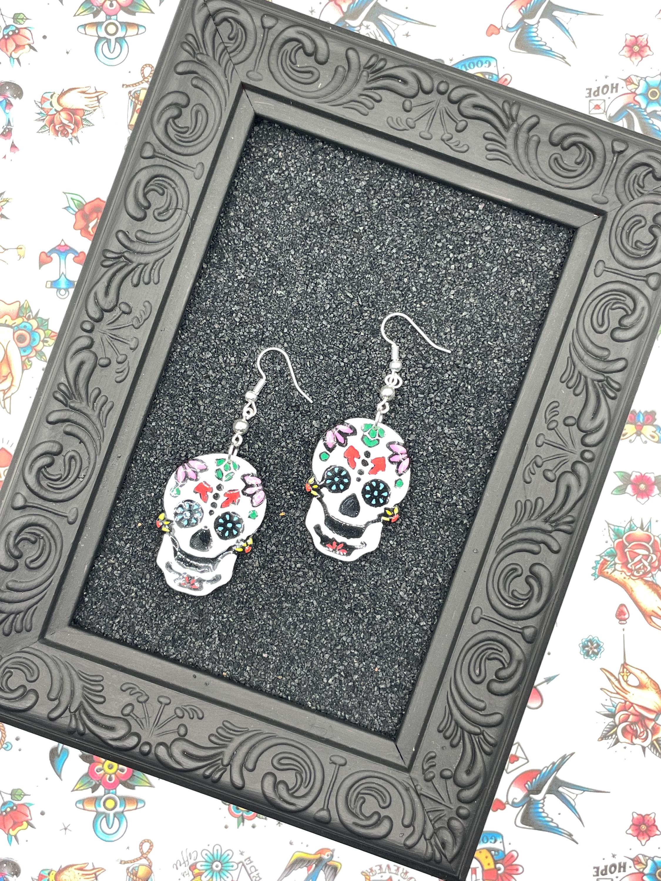 Tattoo-Handmade Tattoo Sugar Skull Earrings: Sailor Jerry Style Polymer Clay