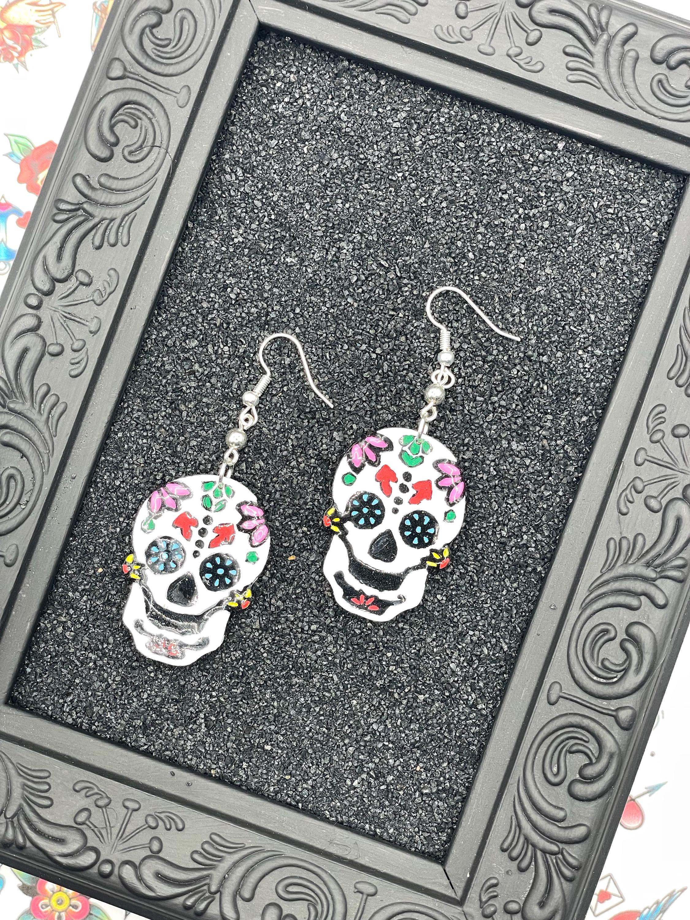 Tattoo-Handmade Tattoo Sugar Skull Earrings: Sailor Jerry Style Polymer Clay
