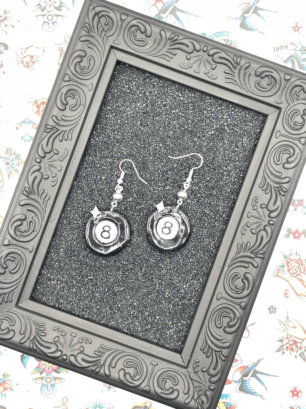 Tattoo-Billiard 8 Ball Dangle Earrings: Handmade, Hand-Painted Polymer Clay
