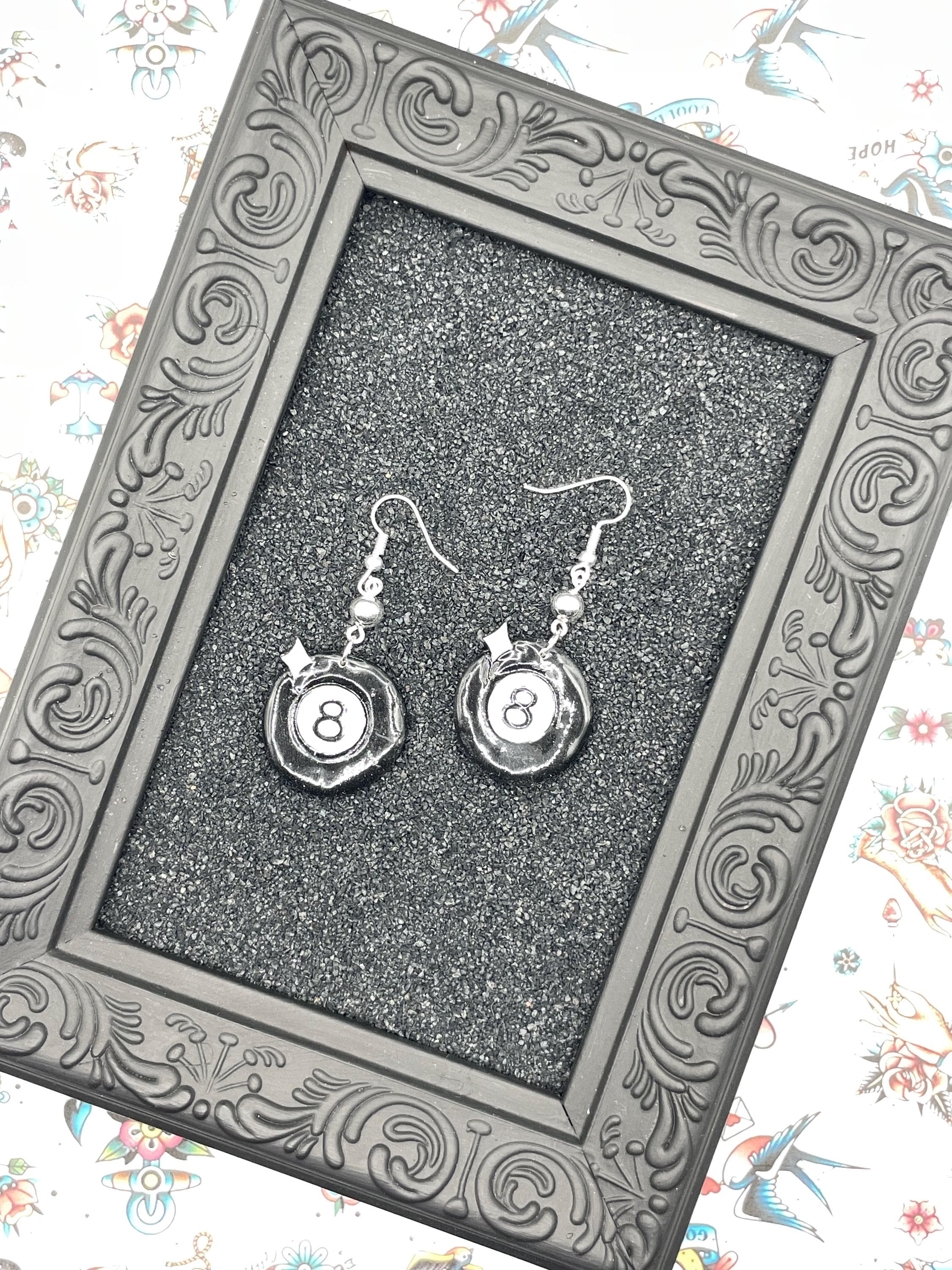 Tattoo-8-Ball Earrings: Hand-Painted Polymer Clay, Sailor Jerry Style