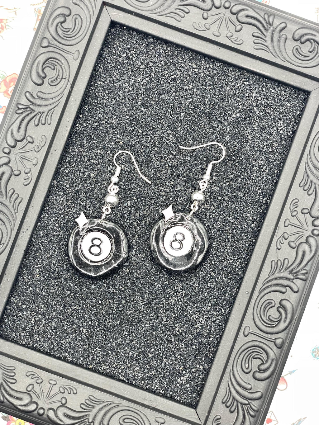 Tattoo-Billiard 8 Ball Dangle Earrings: Handmade, Hand-Painted Polymer Clay