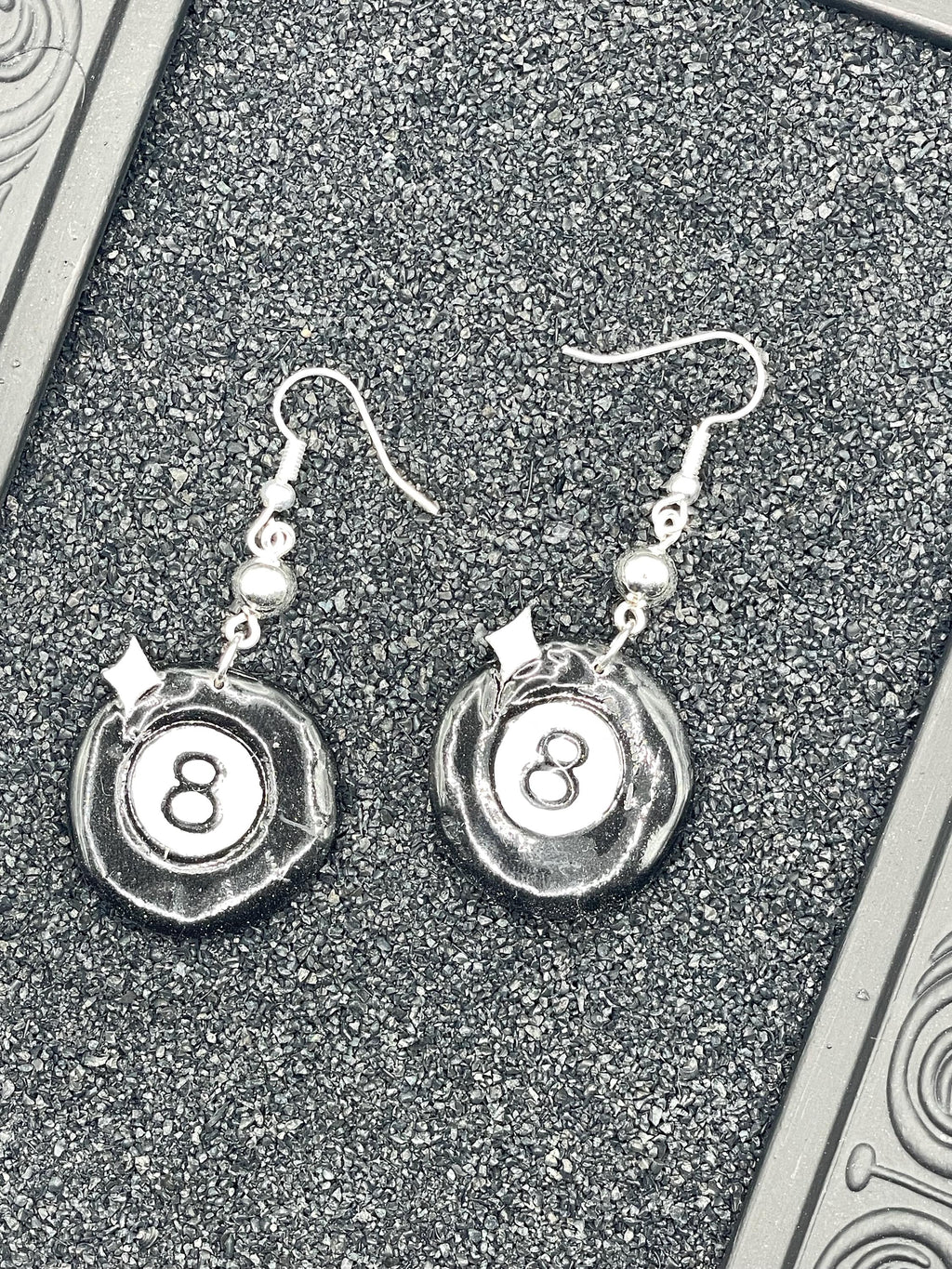 Tattoo-Billiard 8 Ball Dangle Earrings: Handmade, Hand-Painted Polymer Clay