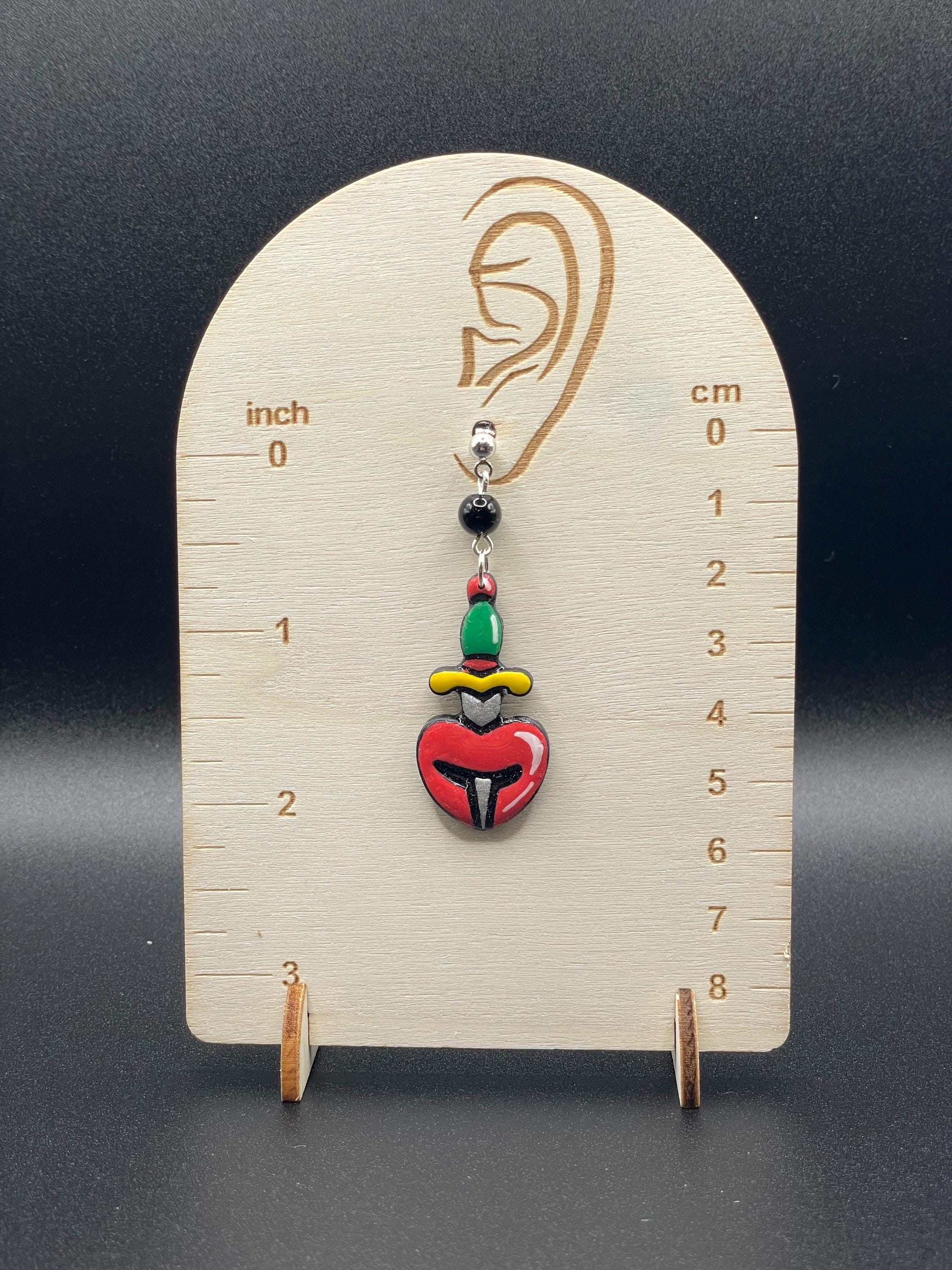 Tattoo-Heart with Dagger Earrings - Handmade Traditional Tattoo Earrings – Polymer Clay, Sailor Jerry Inspired, Hand Painted