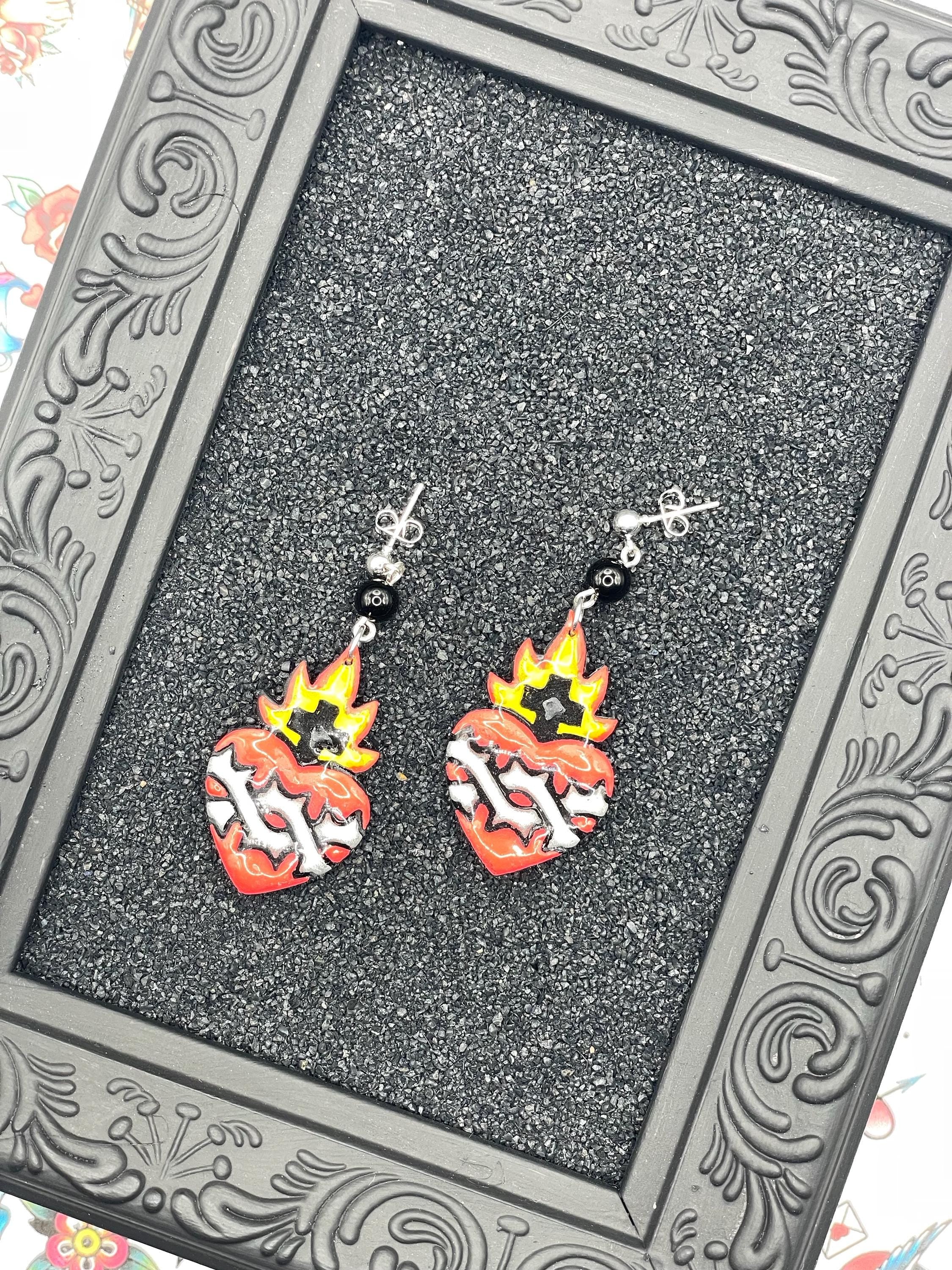Tattoo-Sacred Heart Tattoo Earrings: Hand-Painted Polymer Clay, Sailor Jerry Style
