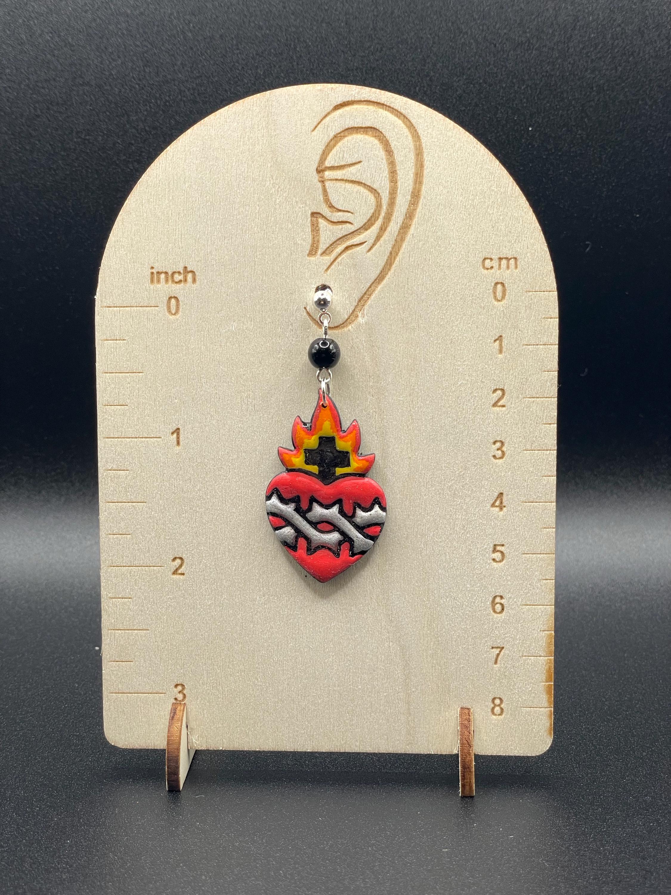 Tattoo-Sacred Heart Tattoo Earrings: Hand-Painted Polymer Clay, Sailor Jerry Style