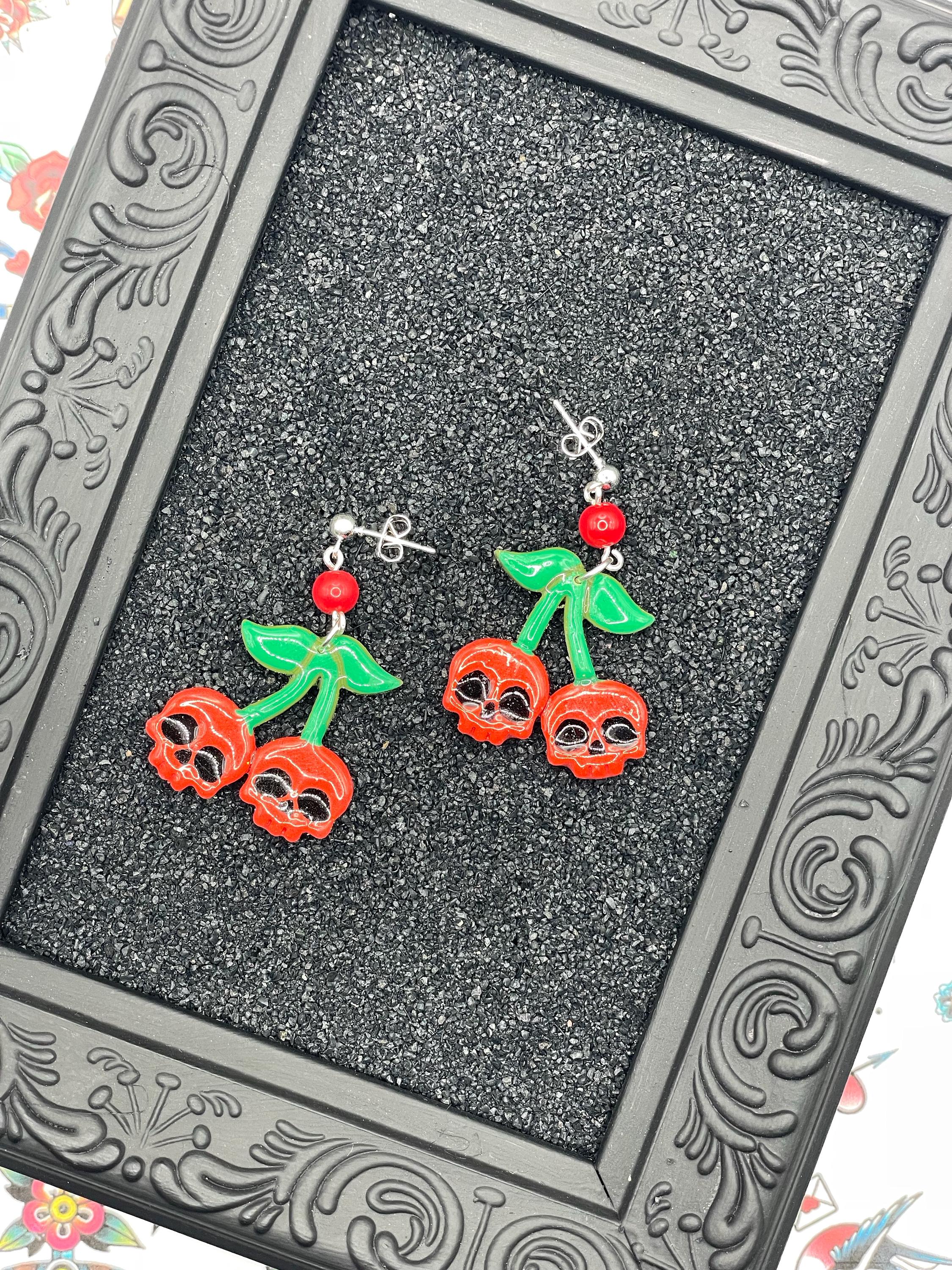Tattoo-Cherry Skull Earrings: Hand-Painted Polymer Clay, Sailor Jerry Style