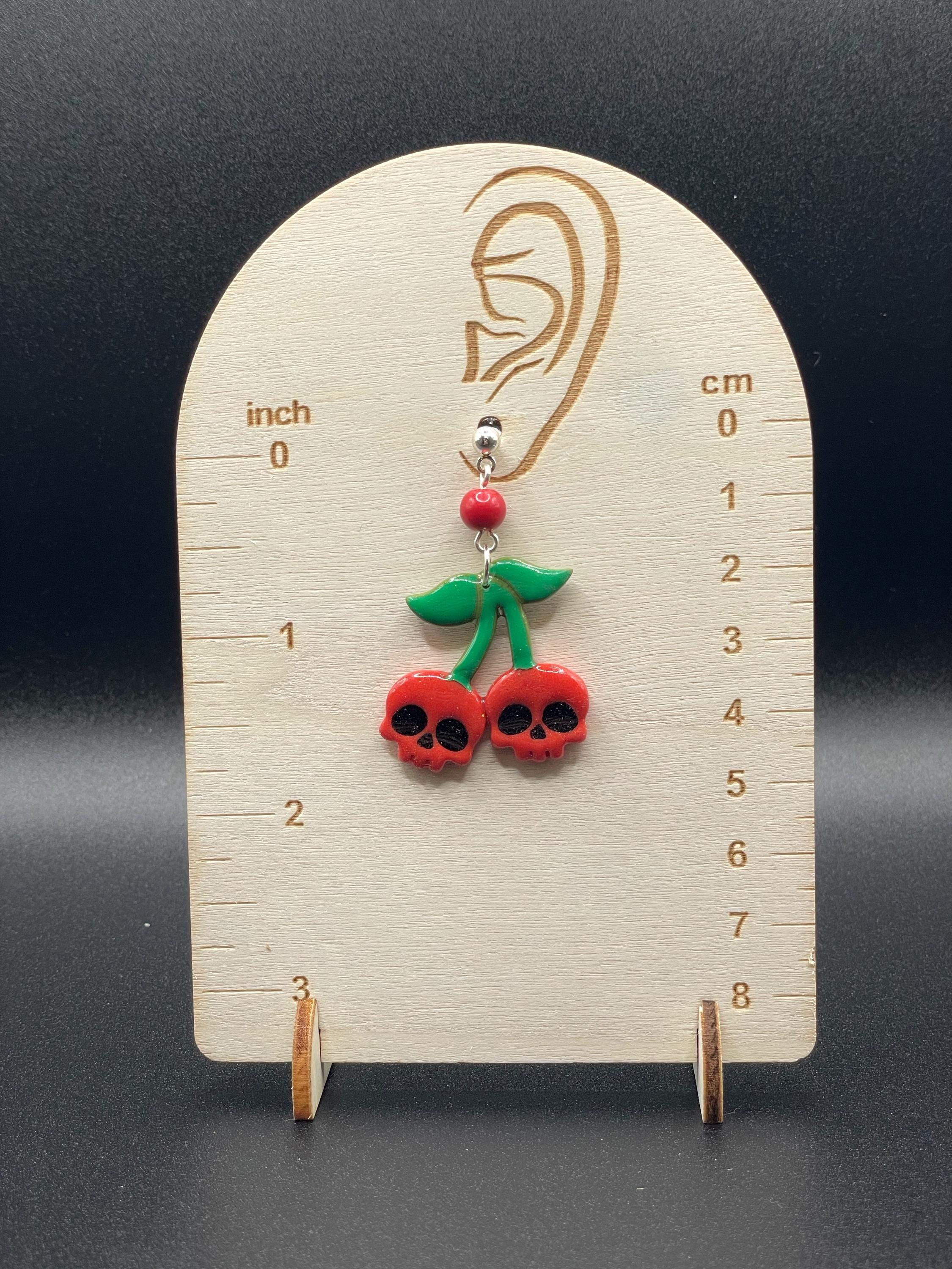 Tattoo-Cherry Skull Earrings: Hand-Painted Polymer Clay, Sailor Jerry Style