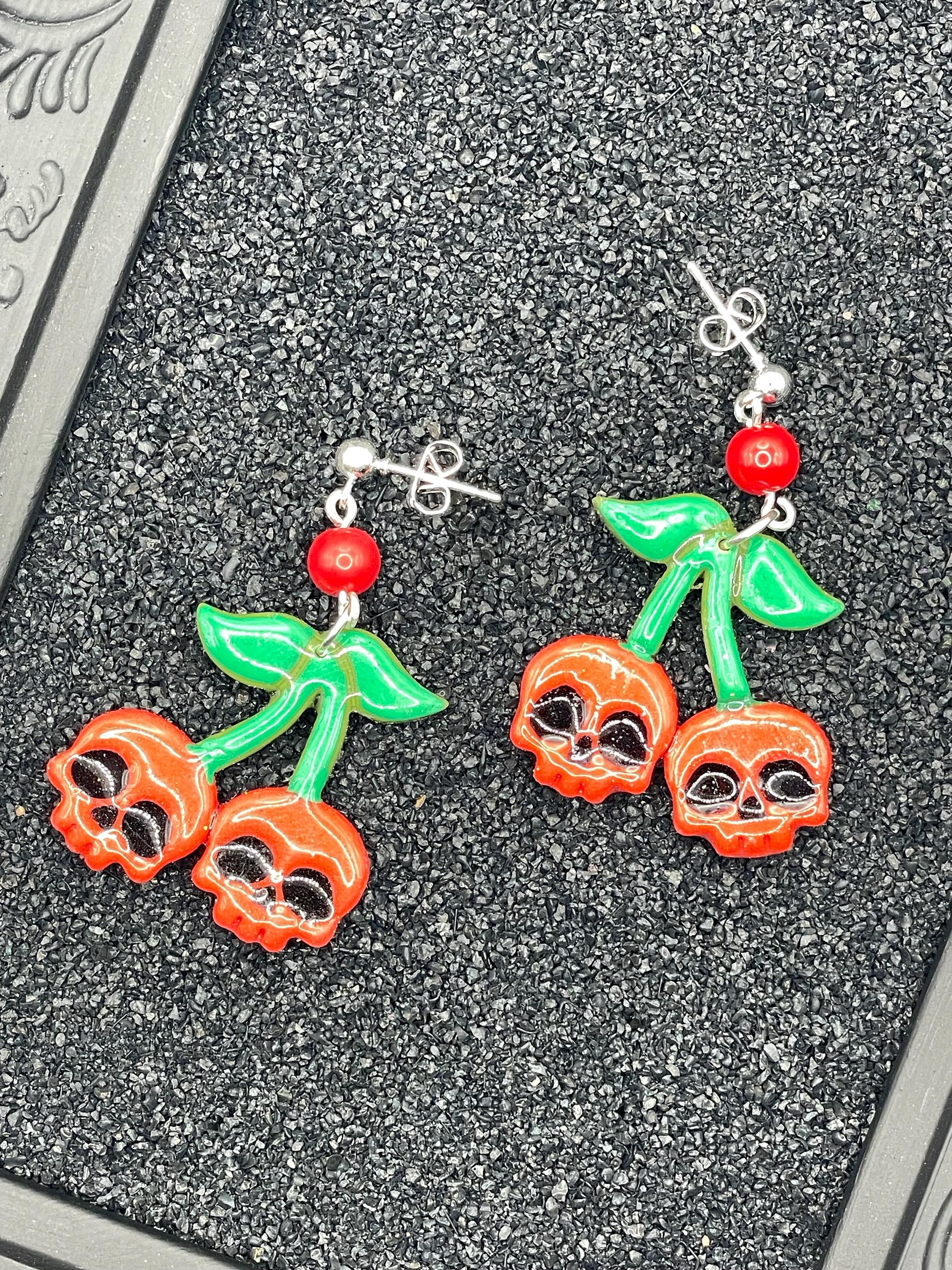 Tattoo-Cherry Skull Earrings: Hand-Painted Polymer Clay, Sailor Jerry Style