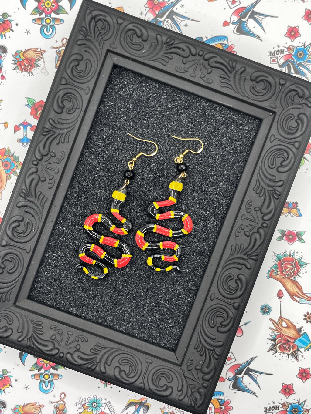 Tattoo-Coral Snake Earrings: Handmade, Hand-Painted Polymer Clay