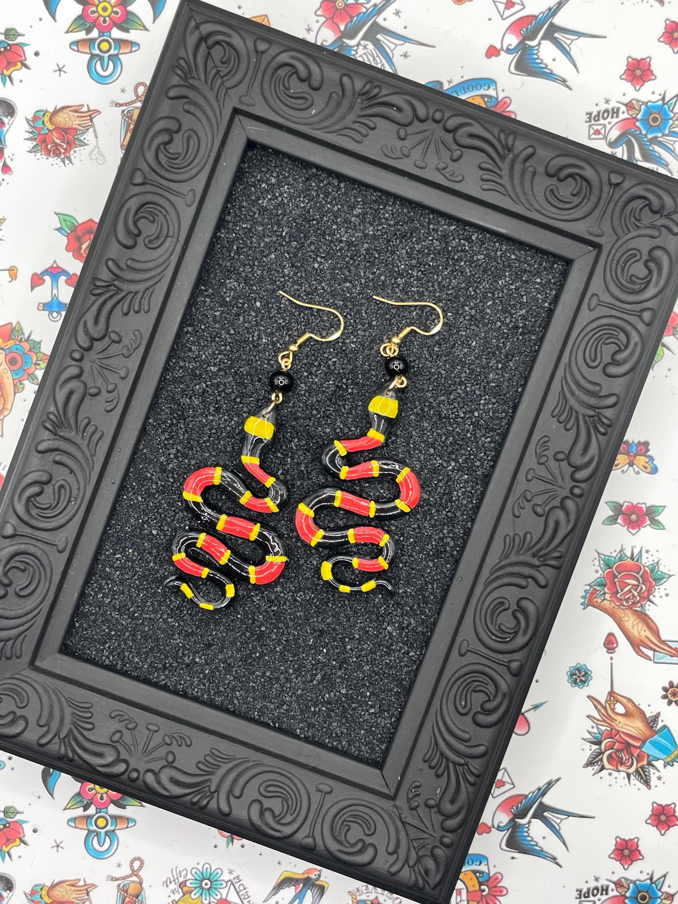 Tattoo-Coral Snake Earrings: Handmade, Hand-Painted Polymer Clay