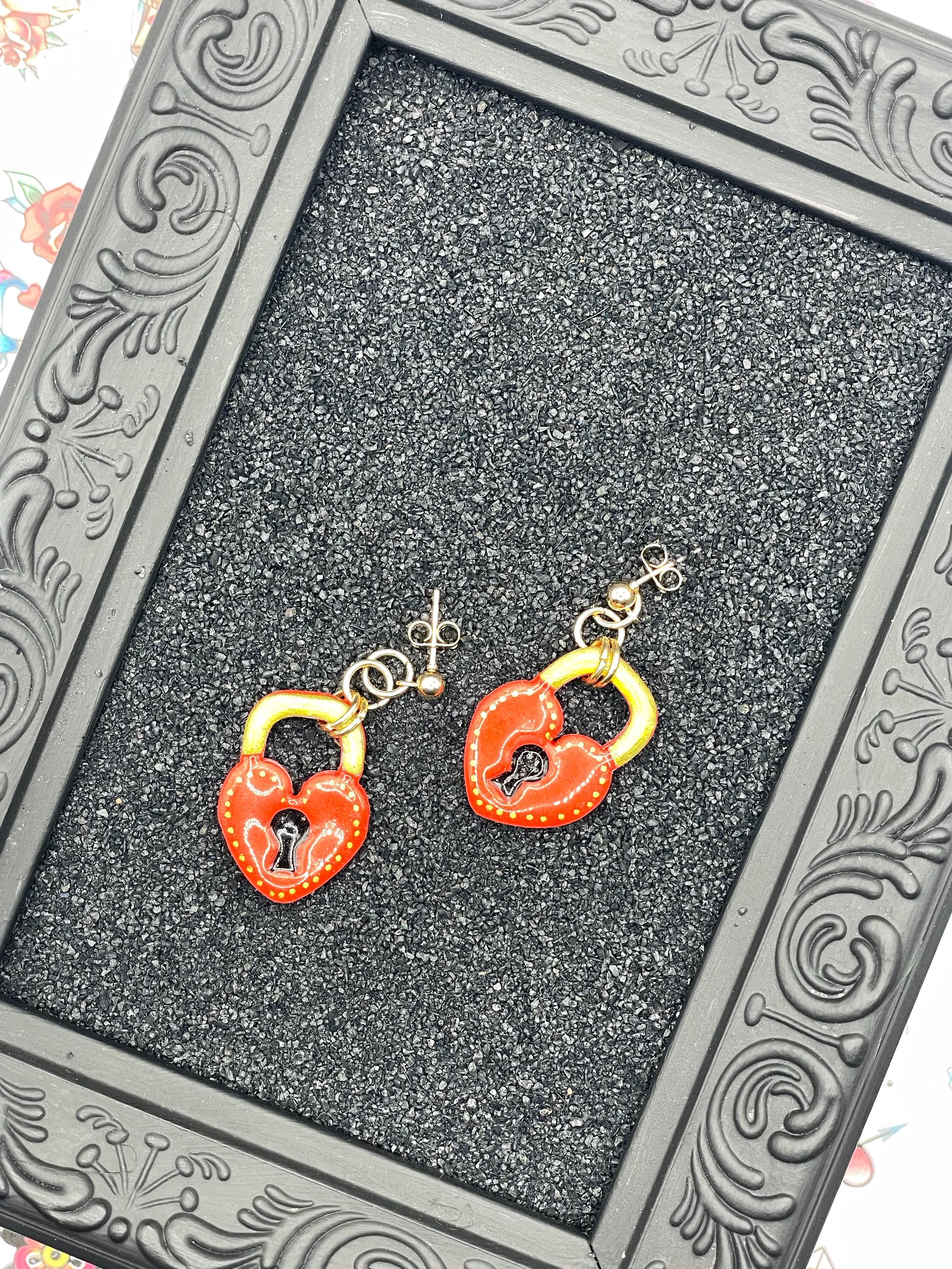 Tattoo-Heart Padlock Earrings: Hand-Painted Polymer Clay, Sailor Jerry Style