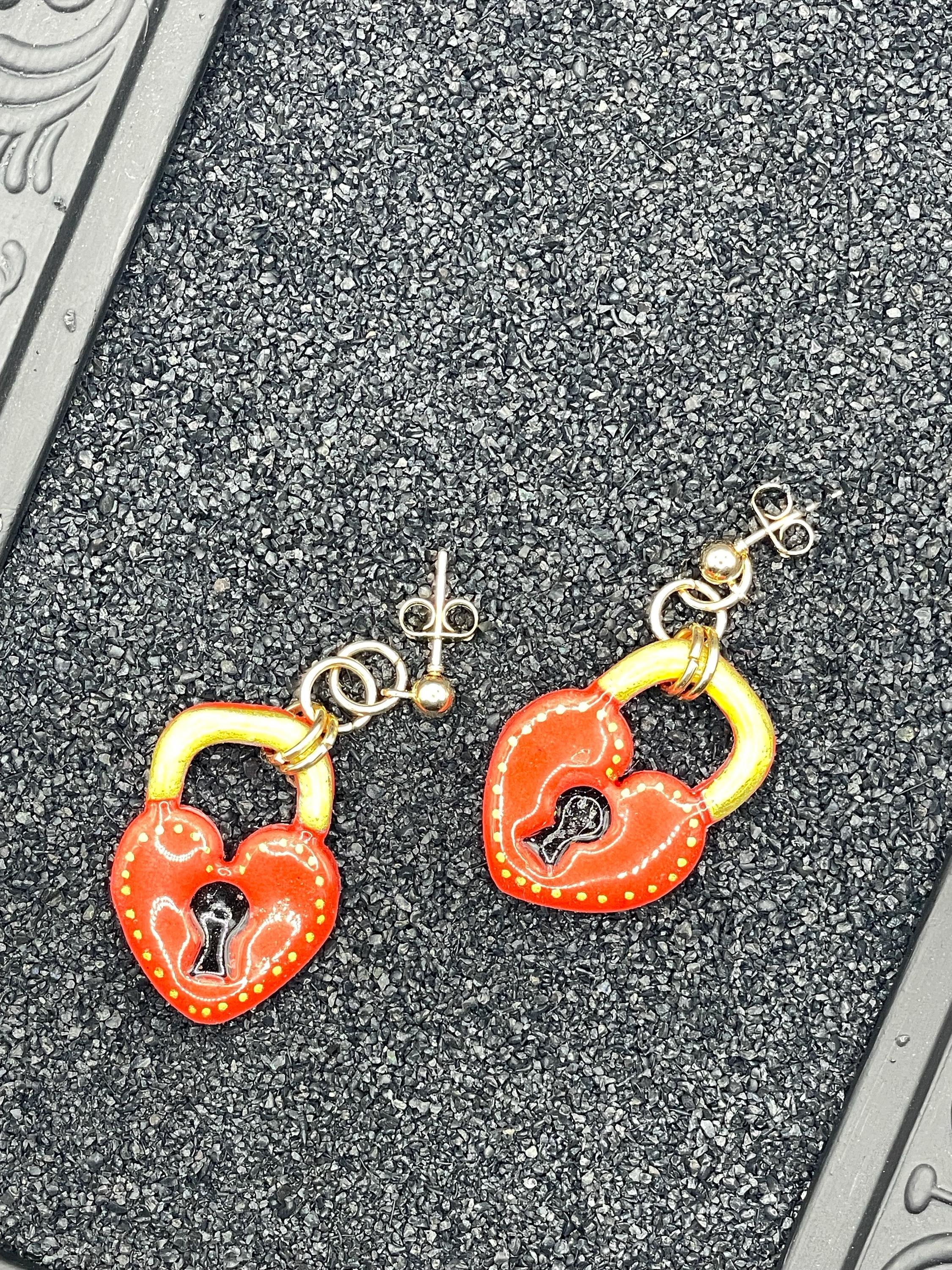 Tattoo-Heart Padlock Earrings: Hand-Painted Polymer Clay, Sailor Jerry Style