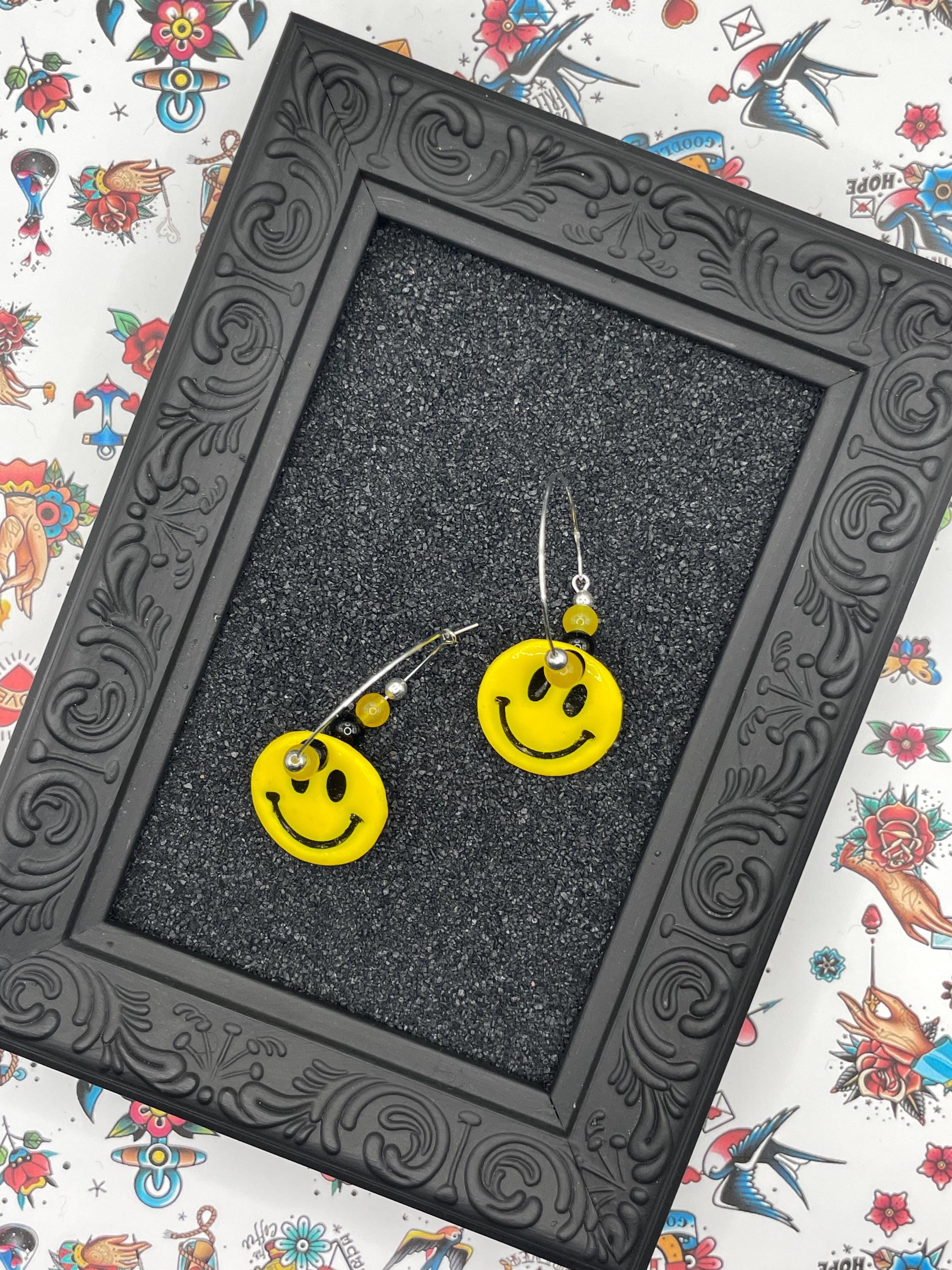 Love-Smiley Hoop Earrings: Hand-Painted Polymer Clay, Sailor Jerry Style