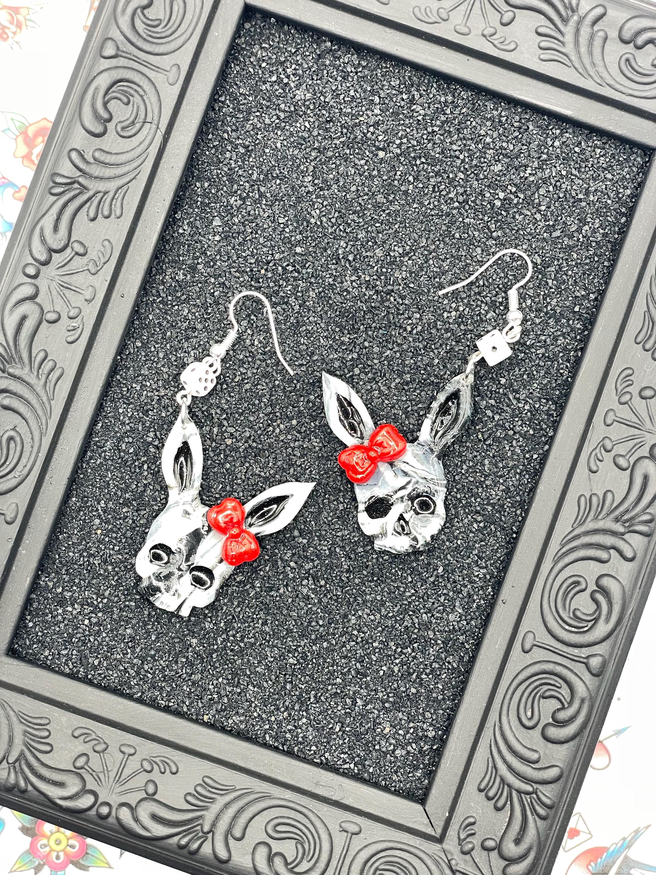 Tattoo-Marbled Skull Bunny Earrings: Sailor Jerry Style, Polymer Clay