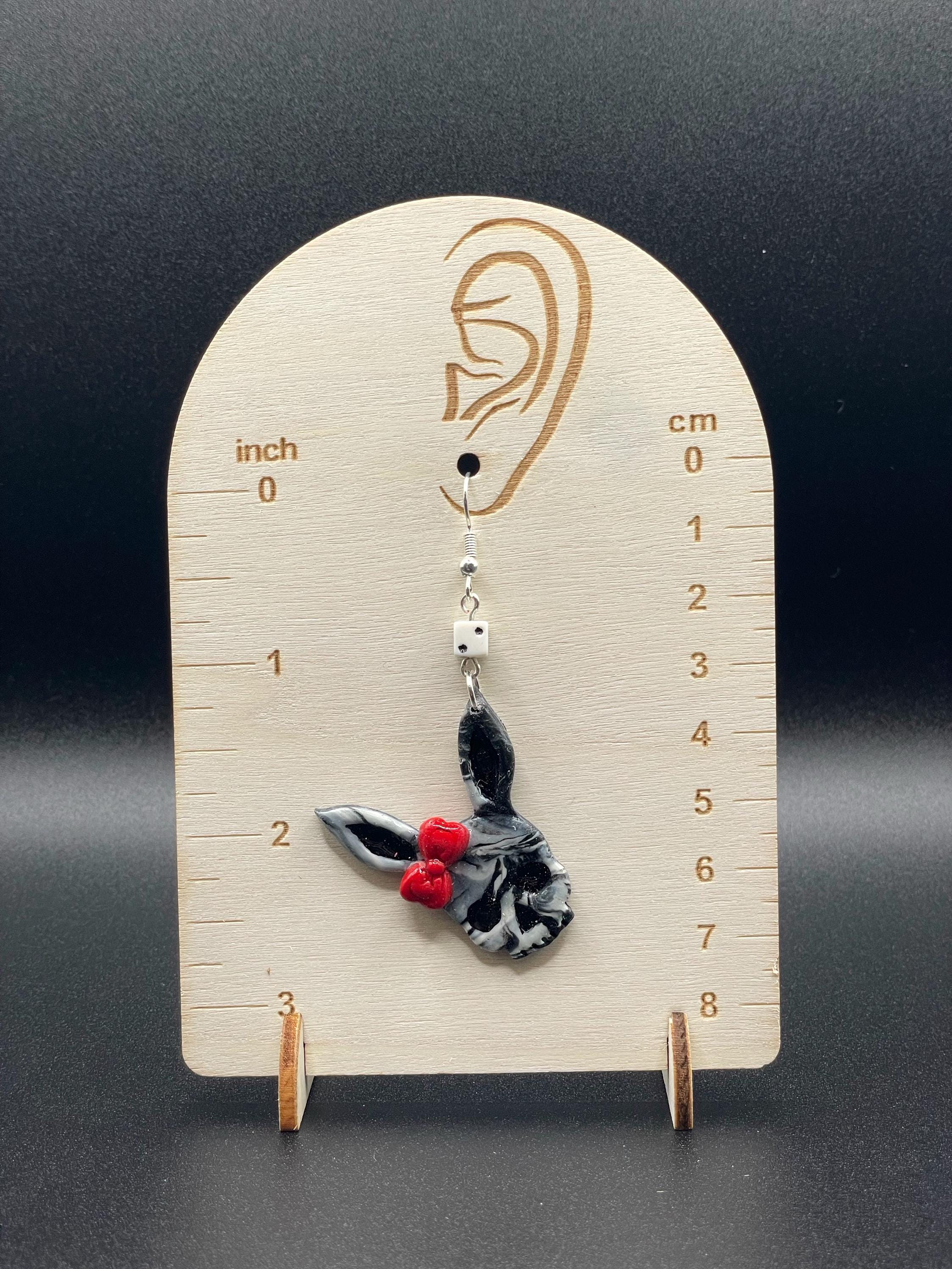 Tattoo-Marbled Skull Bunny Earrings: Sailor Jerry Style, Polymer Clay