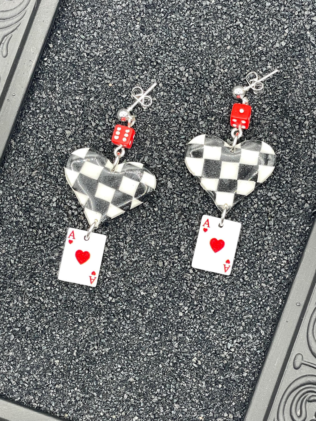 Vegas-Checkered Ace of Hearts Earrings with Mini Dice: Handmade, Hand-Painted Polymer Clay