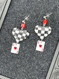 Vegas-Checkered Ace of Hearts Earrings with Mini Dice: Handmade, Hand-Painted Polymer Clay