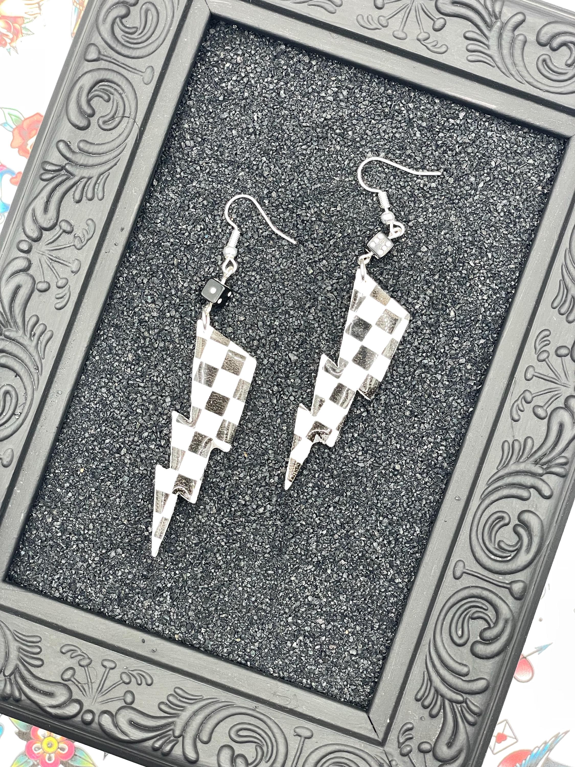 Vegas-Checkered Lightning Bolt Earrings: Handmade Polymer Clay Casino Jewelry