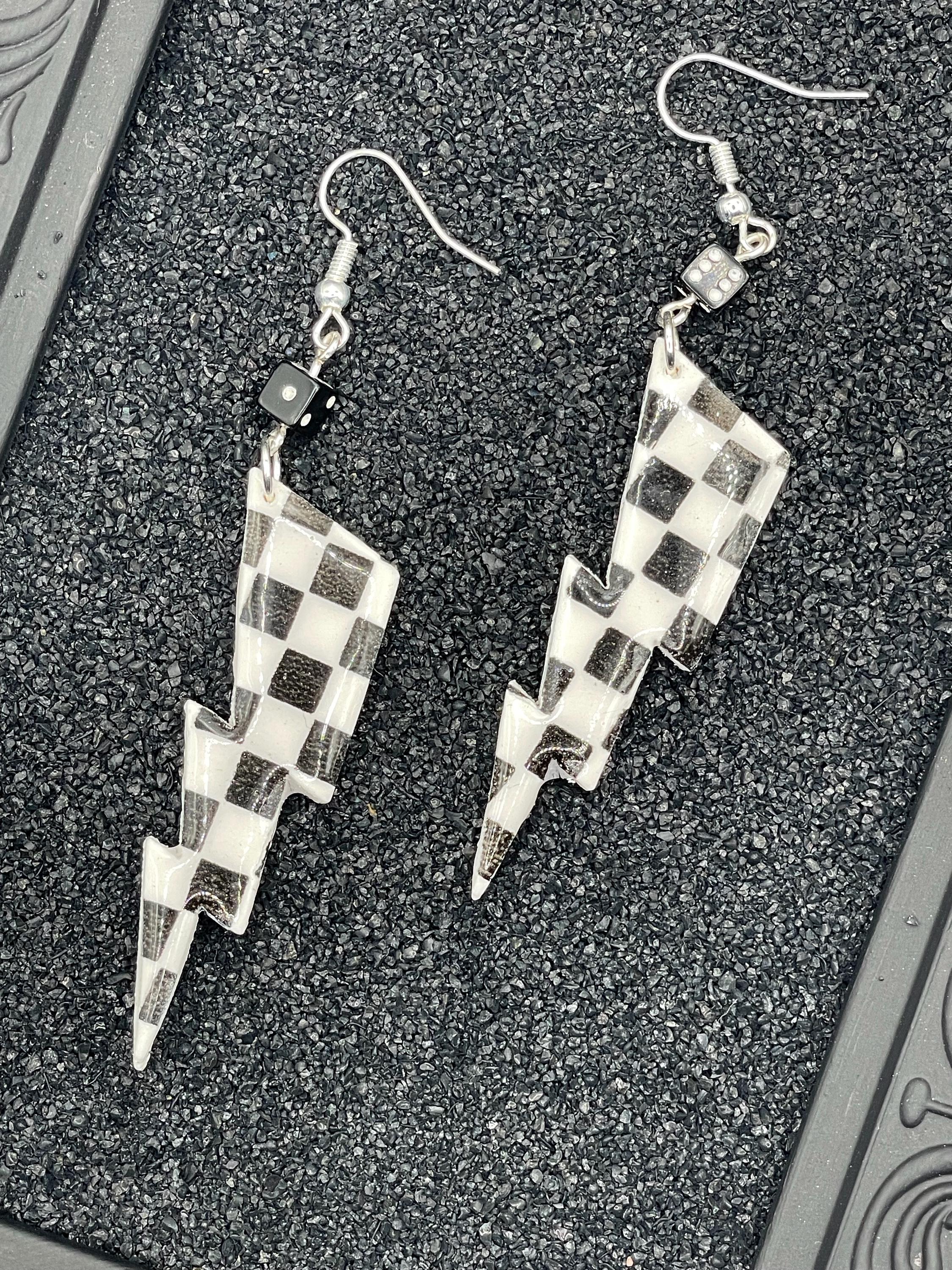 Vegas-Checkered Lightning Bolt Earrings: Handmade Polymer Clay Casino Jewelry