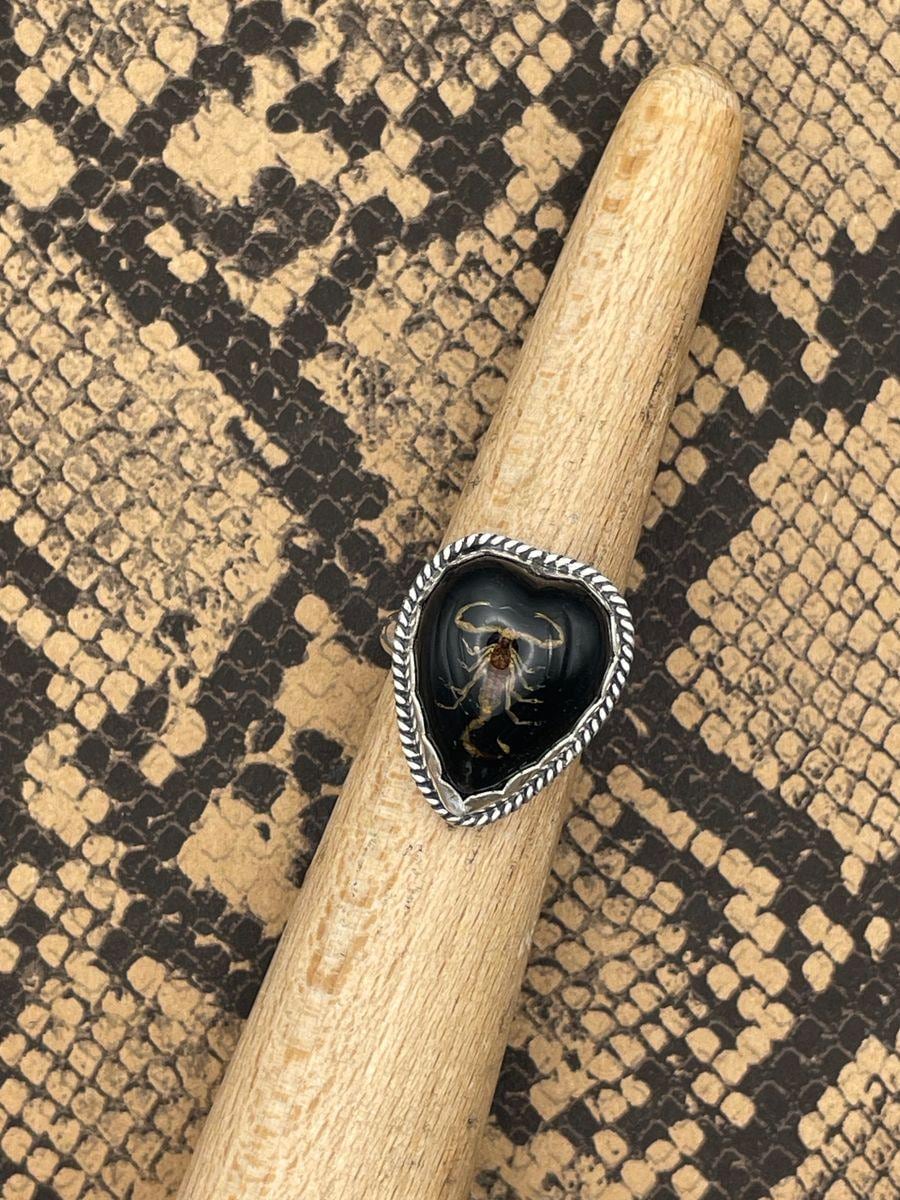Warner-Golden Scorpion in Black Resin Heart Ring