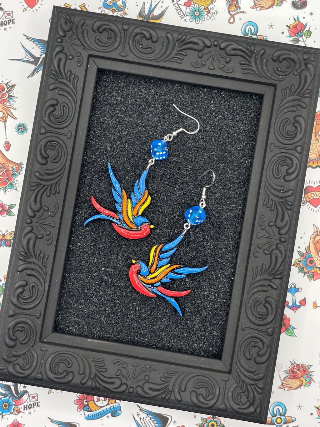 Tattoo-Swallow Earrings with Dice Detail: Handmade, Hand-Painted Polymer Clay