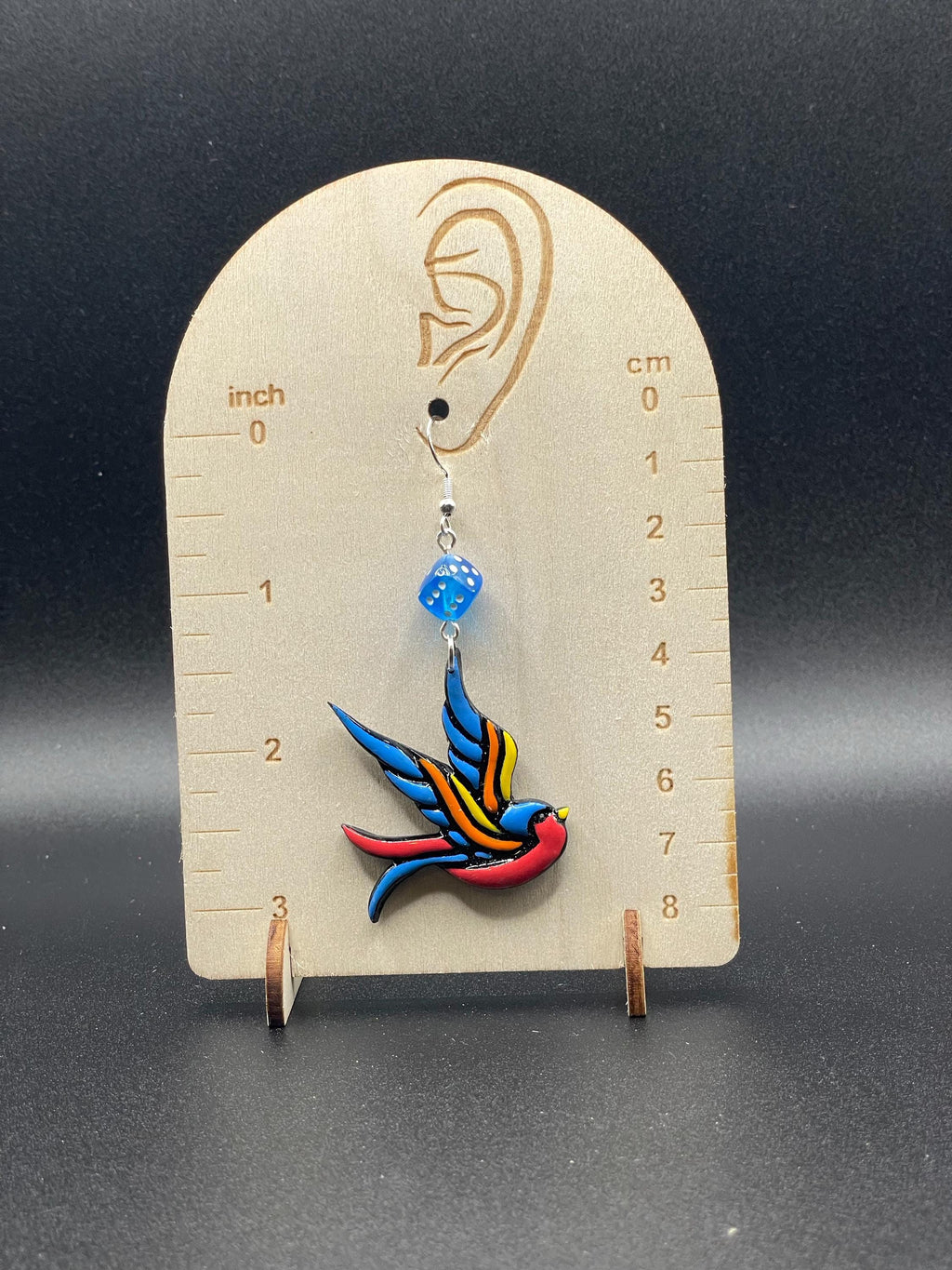 Tattoo-Swallow Earrings with Dice Detail: Handmade, Hand-Painted Polymer Clay