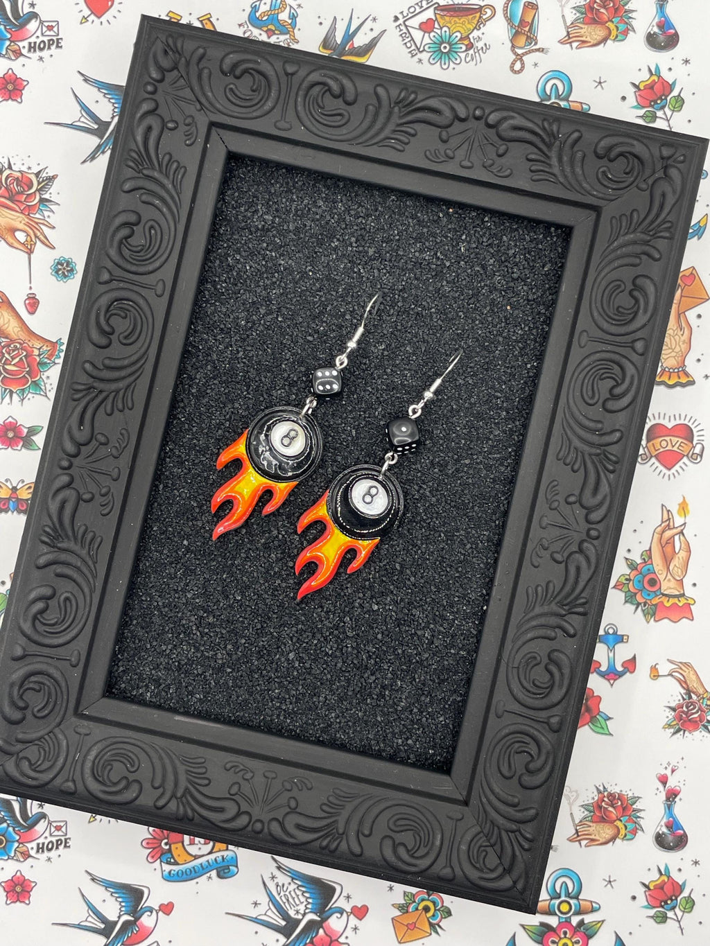 Tattoo-Flaming 8-Ball Tattoo Earrings with Dice Detail: Hand-Painted Polymer Clay