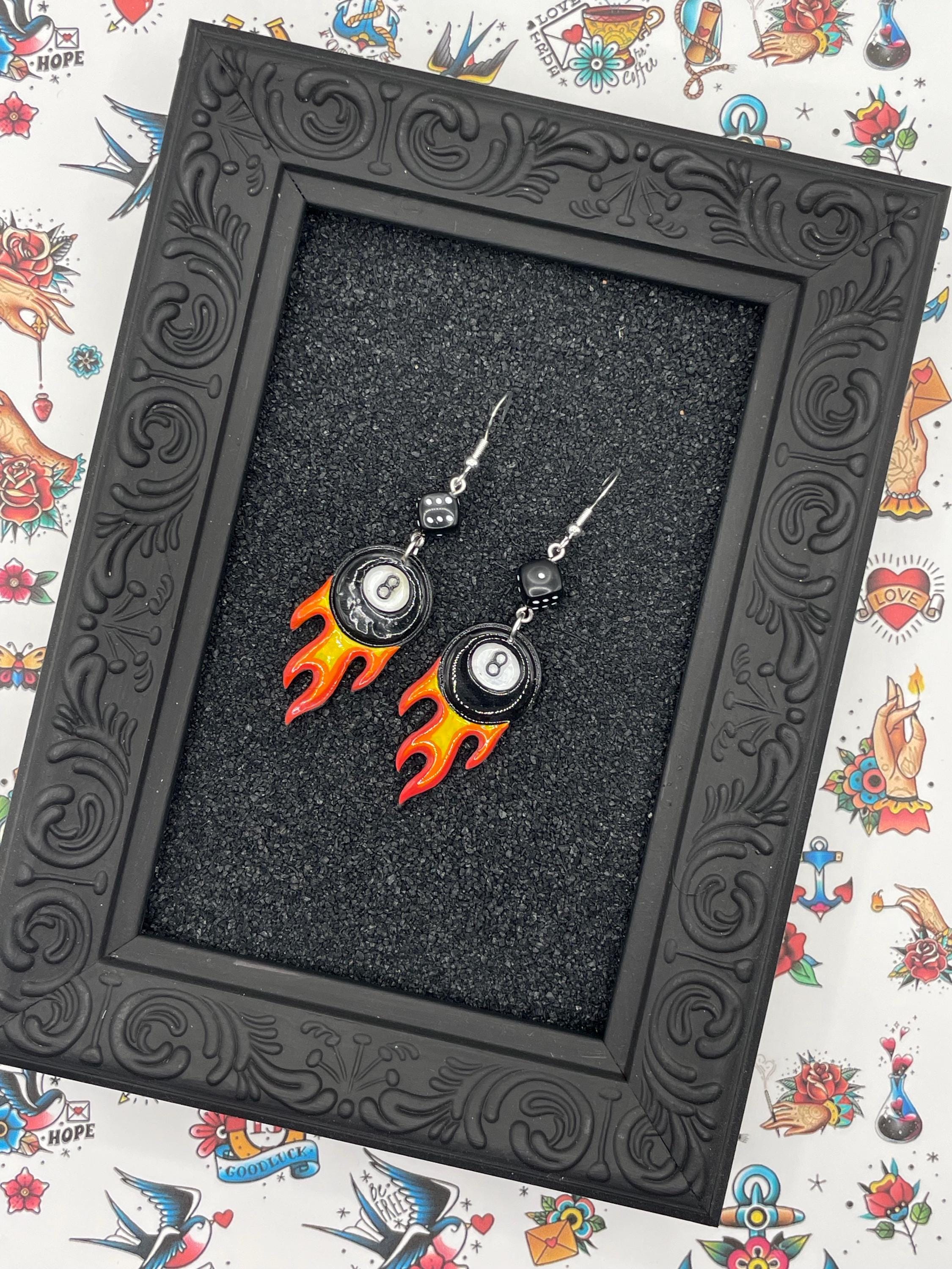 Tattoo-Flaming 8-Ball Tattoo Earrings: Hand-Painted Polymer Clay, Sailor Jerry Style