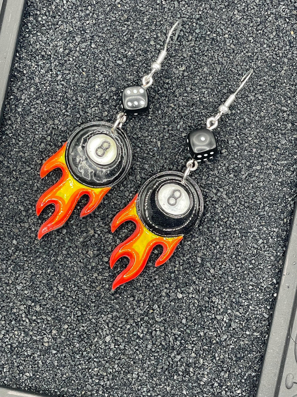 Tattoo-Flaming 8-Ball Tattoo Earrings with Dice Detail: Hand-Painted Polymer Clay