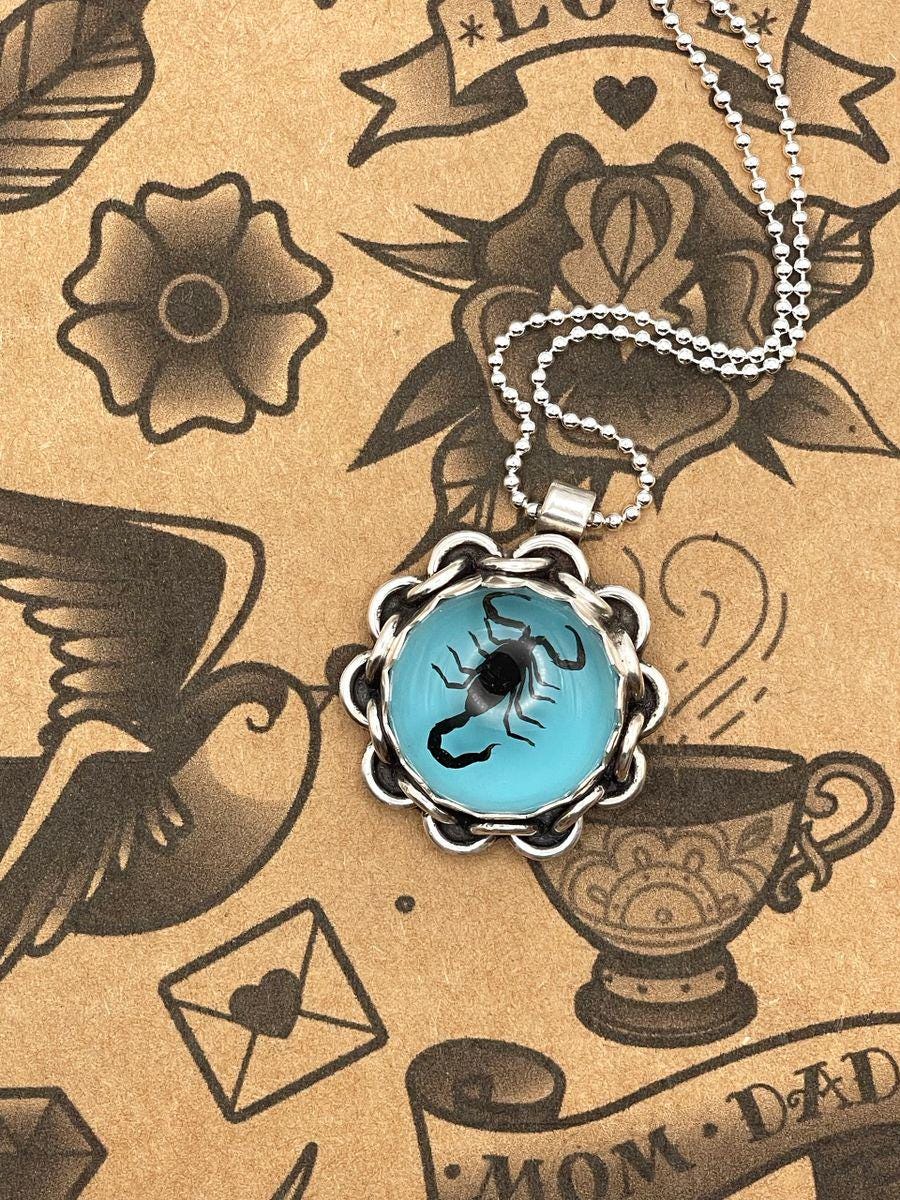 Wisteria-Black Scorpion in Turquoise Resin Pendant with Chain Detail
