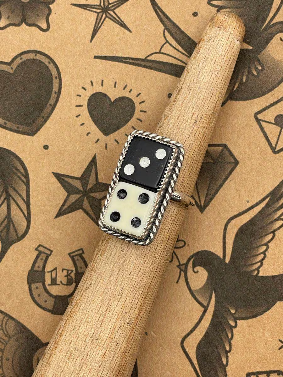 Zandra – Black & White Crisloid Dice Statement Ring | Vintage Casino Jewelry
