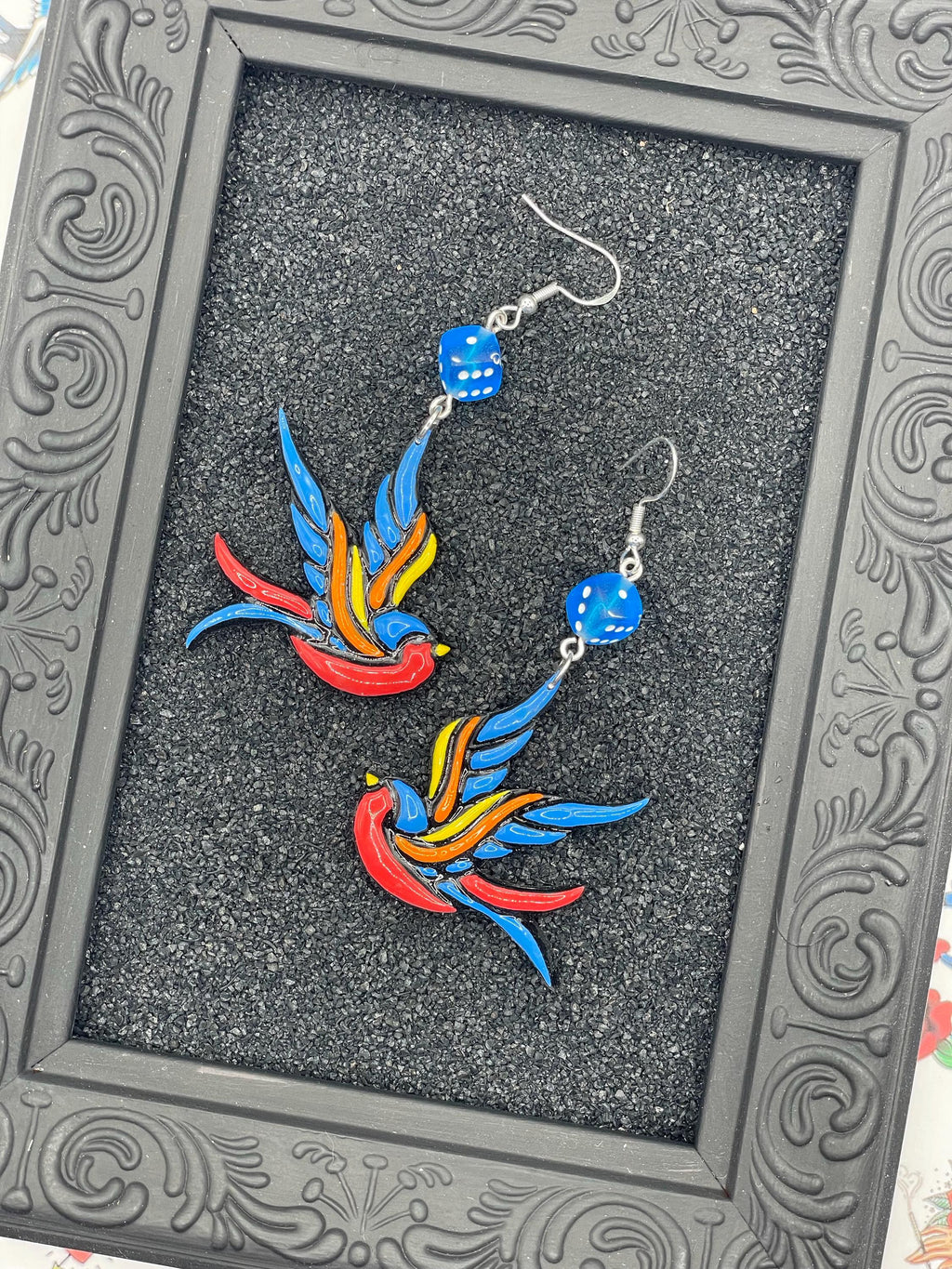 Tattoo-Swallow Earrings with Dice Detail: Handmade, Hand-Painted Polymer Clay
