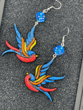 Tattoo-Swallow Earrings with Dice Detail: Handmade, Hand-Painted Polymer Clay