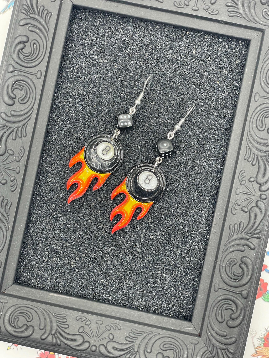 Tattoo-Flaming 8-Ball Tattoo Earrings with Dice Detail: Hand-Painted Polymer Clay