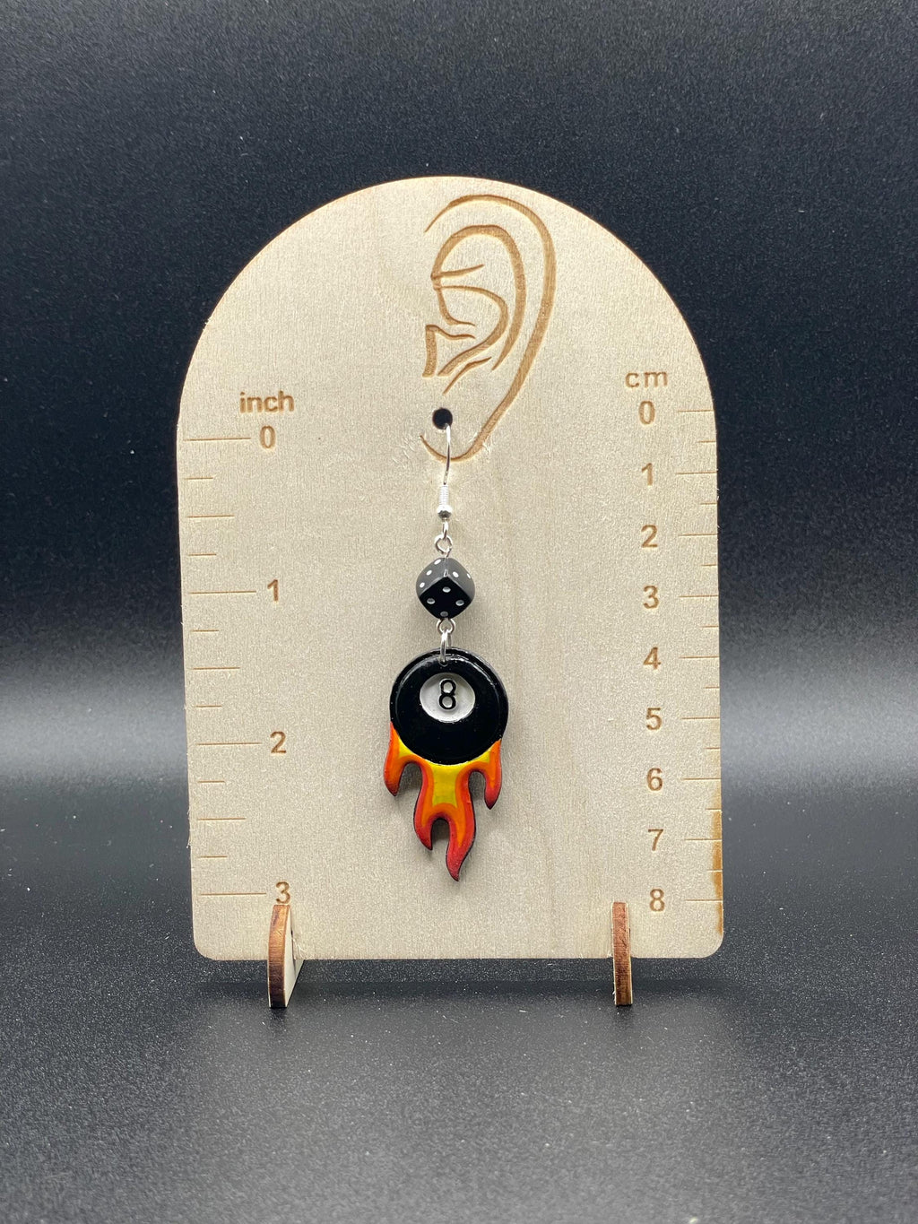 Tattoo-Flaming 8-Ball Tattoo Earrings with Dice Detail: Hand-Painted Polymer Clay