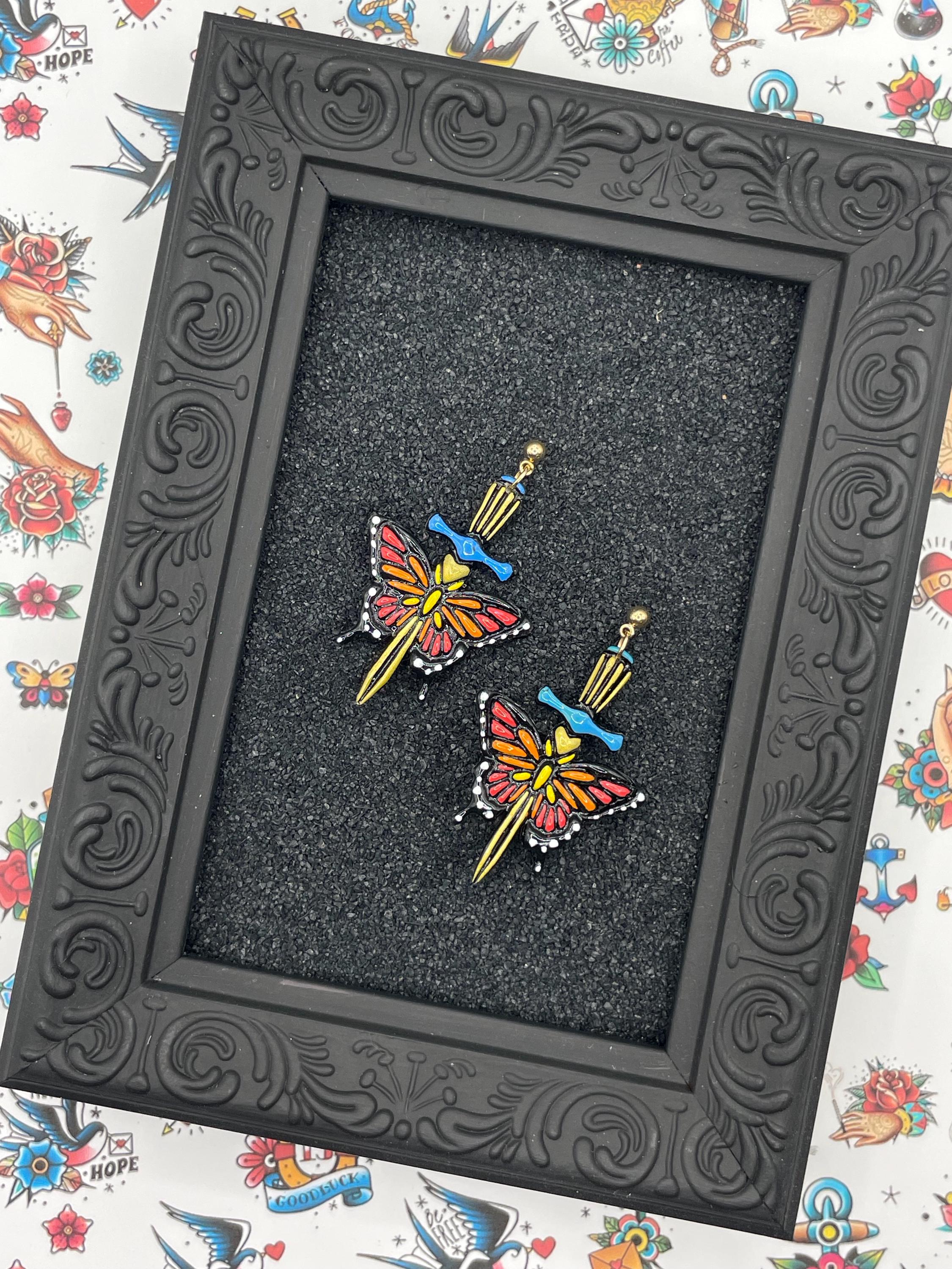 Tattoo-Butterfly with Dagger Earrings - Handmade Traditional Tattoo Earrings – Polymer Clay, Sailor Jerry Inspired, Hand Painted