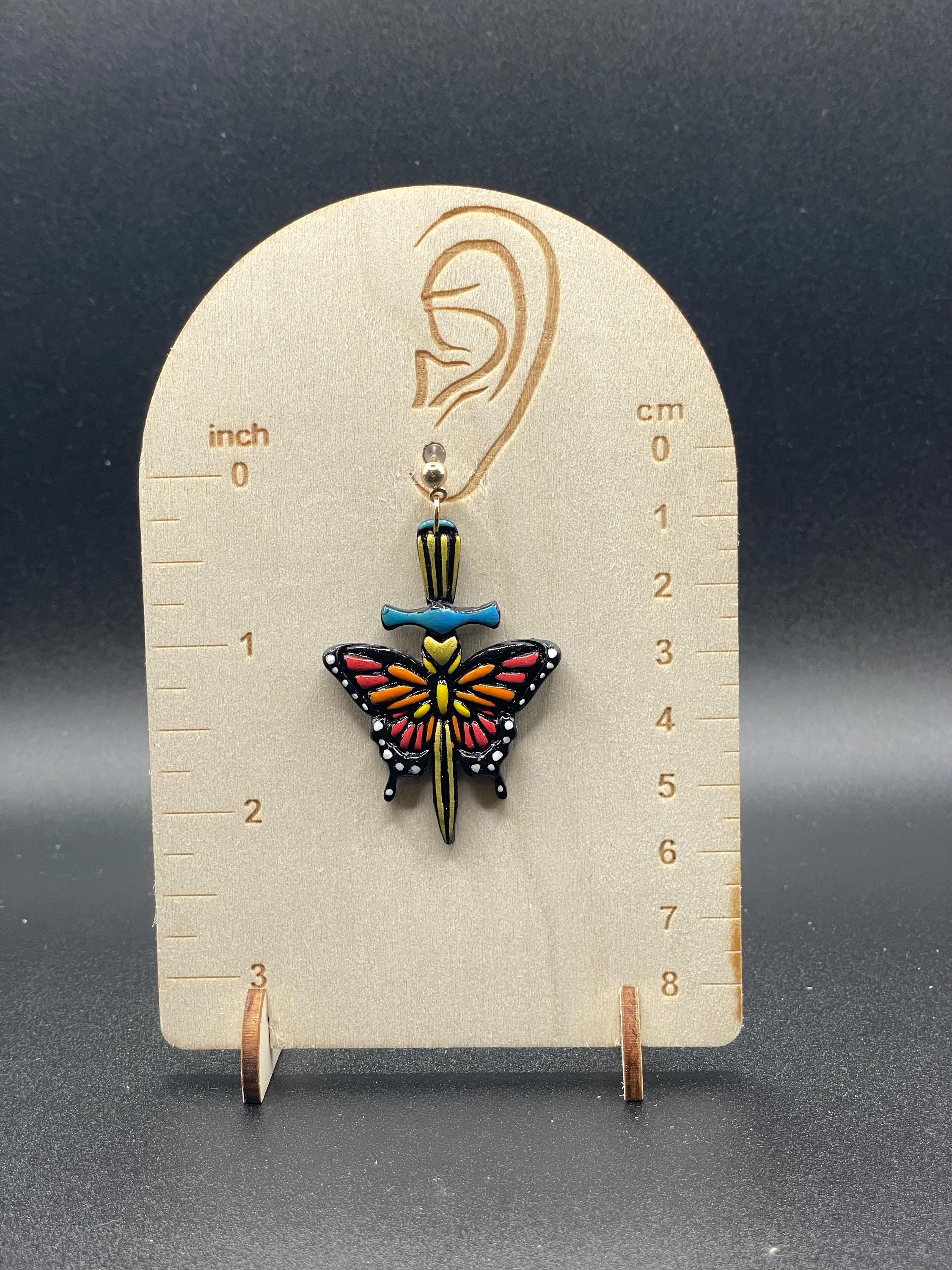 Tattoo-Butterfly with Dagger Earrings - Handmade Traditional Tattoo Earrings – Polymer Clay, Sailor Jerry Inspired, Hand Painted