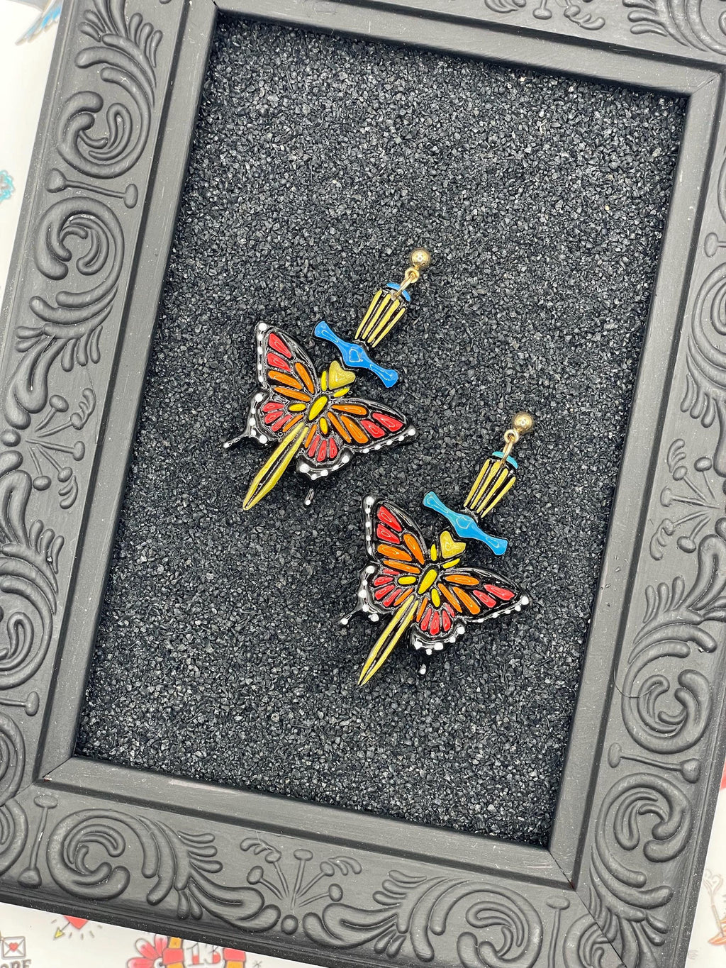 Tattoo-Butterfly with Dagger Earrings: Handmade, Hand-Painted Polymer Clay