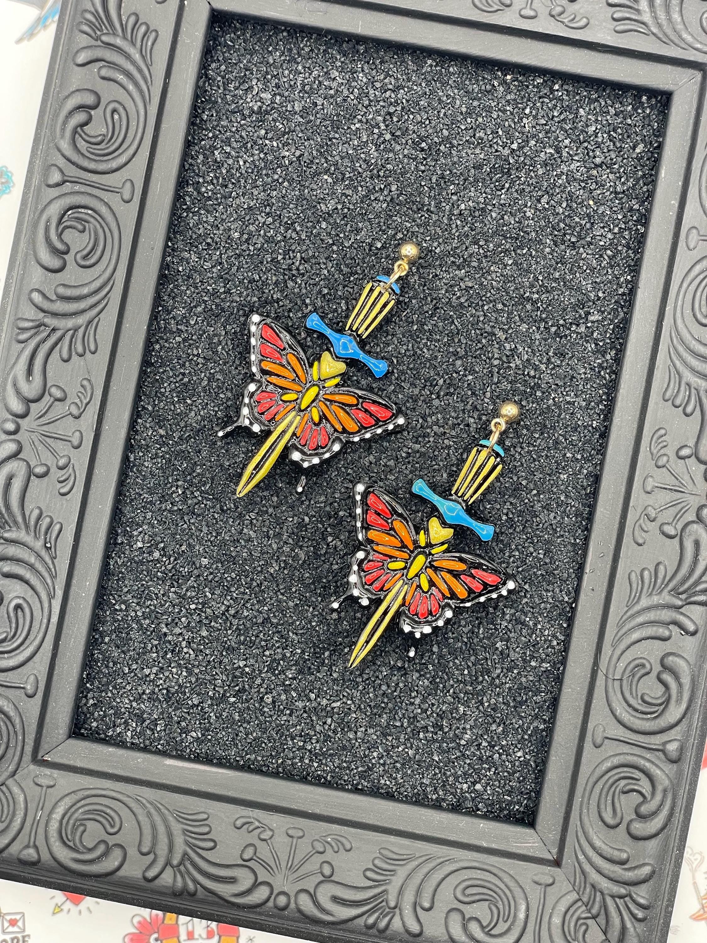 Tattoo-Butterfly with Dagger Earrings - Handmade Traditional Tattoo Earrings – Polymer Clay, Sailor Jerry Inspired, Hand Painted