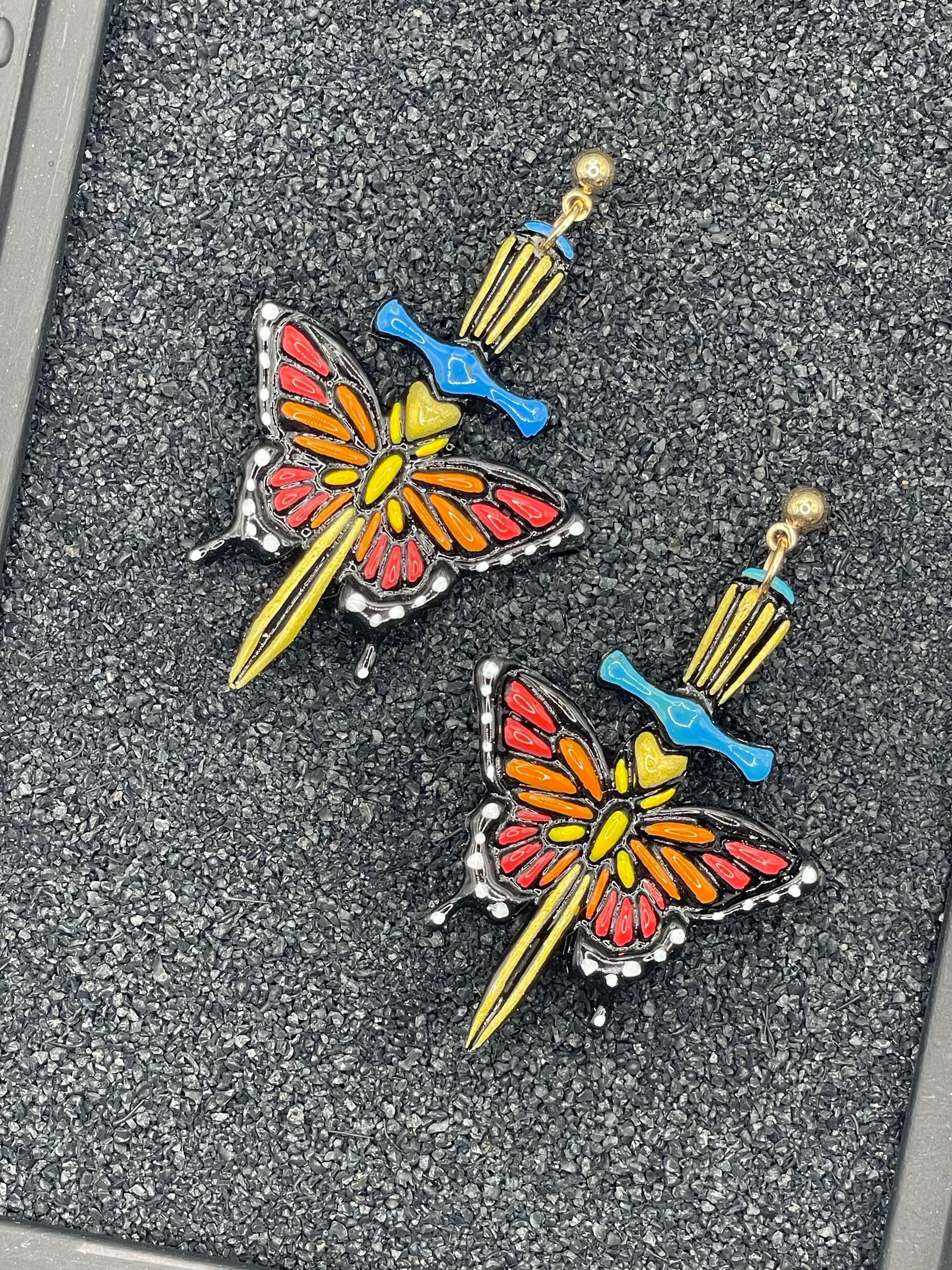 Tattoo-Butterfly with Dagger Earrings - Handmade Traditional Tattoo Earrings – Polymer Clay, Sailor Jerry Inspired, Hand Painted