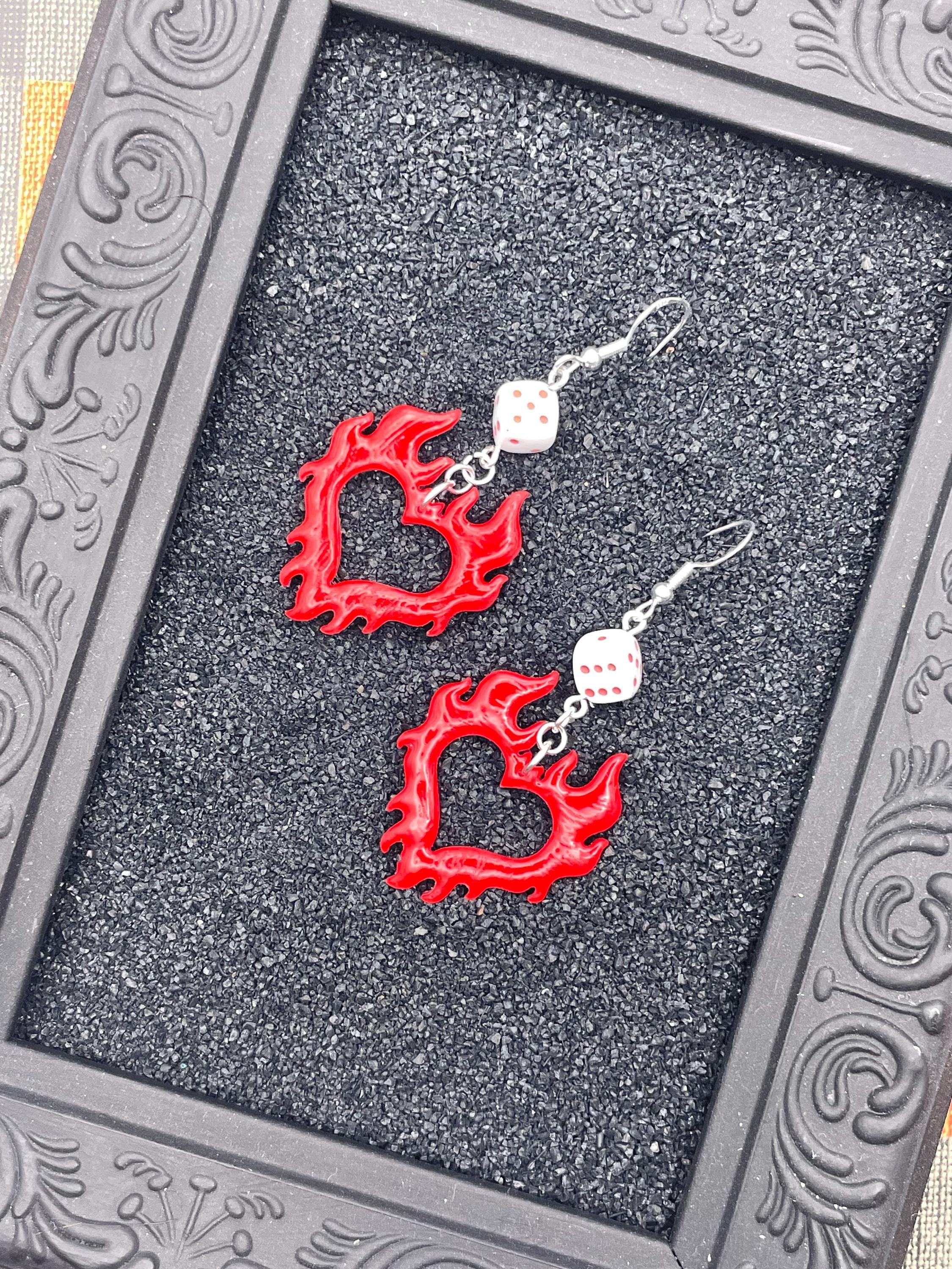 Tattoo-Flaming Heart with Dice Detail Earrings: Handmade, Polymer Clay