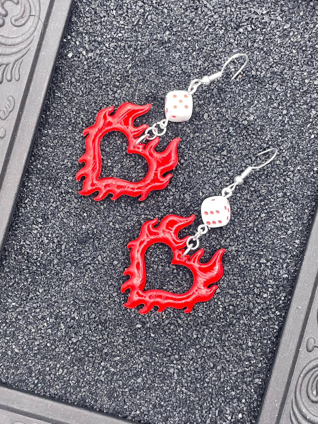 Tattoo-Flaming Heart with Dice Detail Earrings: Handmade, Polymer Clay