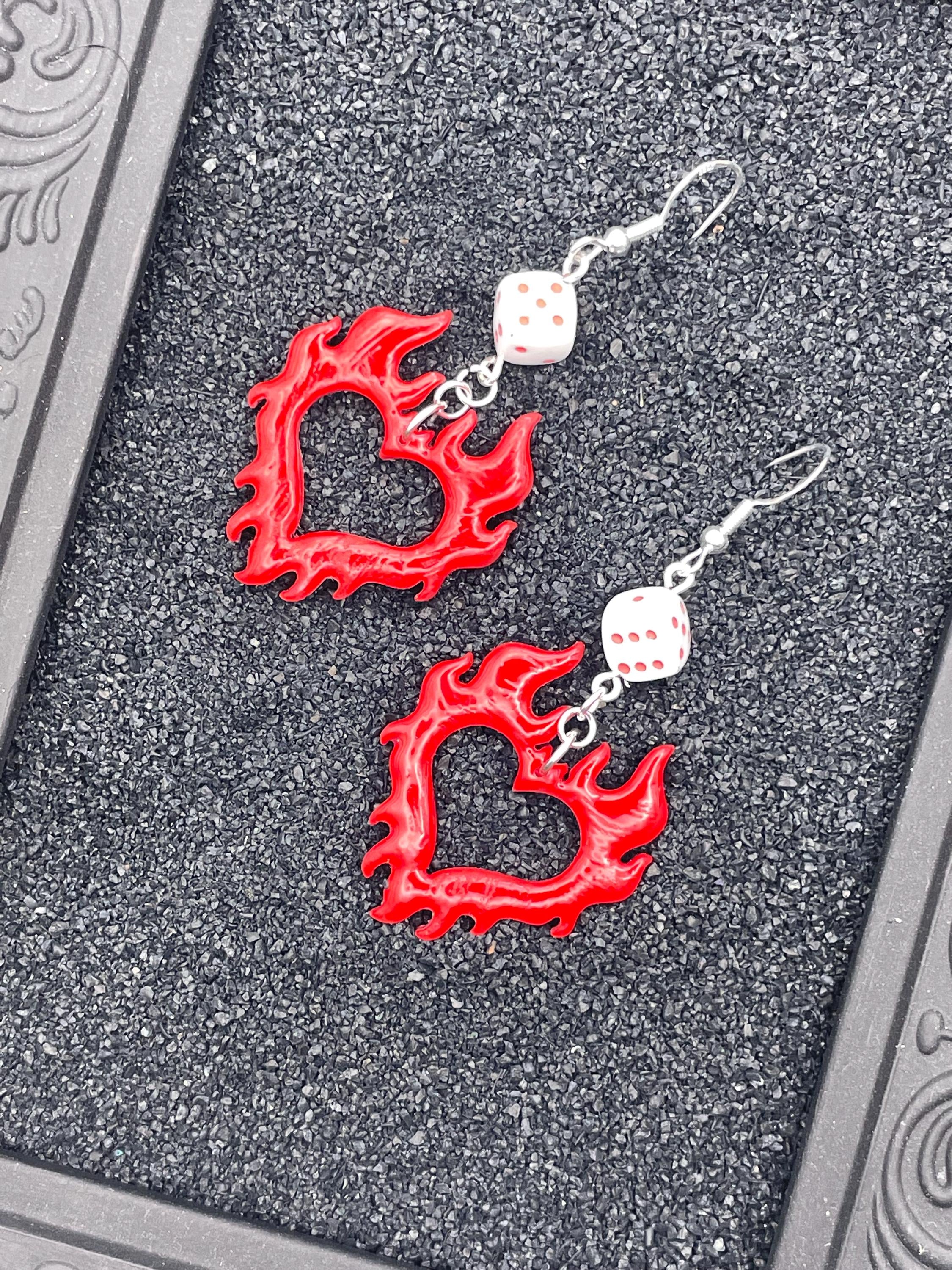 Tattoo-Flaming Heart with Dice Detail Earrings: Handmade, Polymer Clay