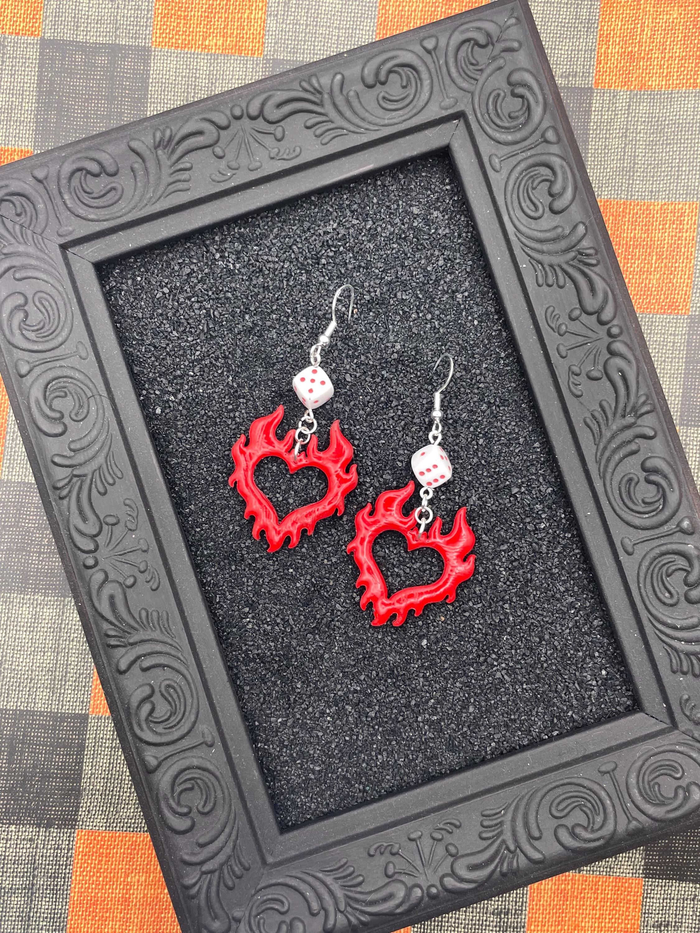 Tattoo-Flaming Heart with Dice Detail Earrings: Handmade, Polymer Clay