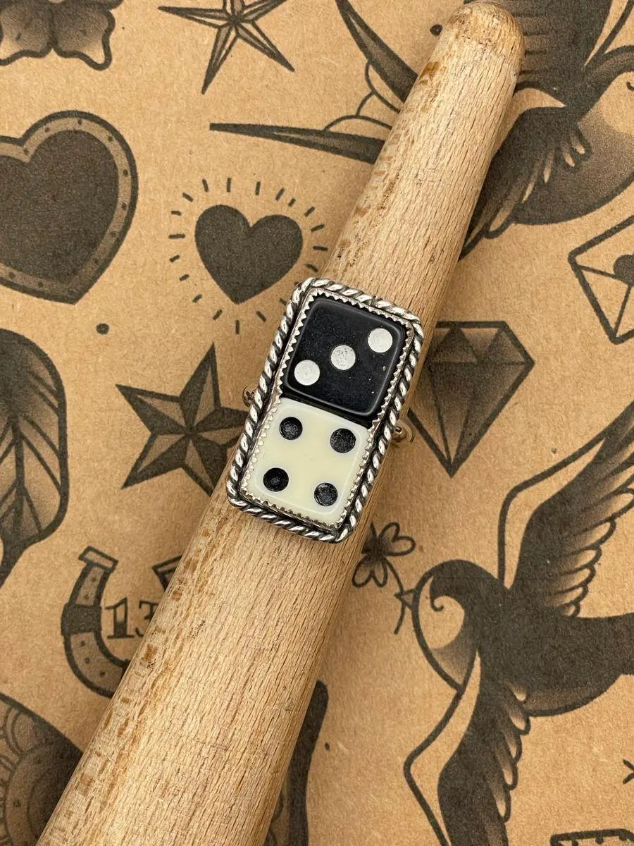 Zandra – Black & White Crisloid Dice Statement Ring | Vintage Casino Jewelry