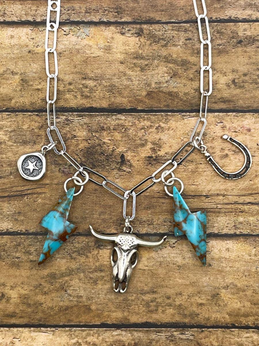 Brighton-Turquoise Lightning Bolt Charm Choker, Ox Skull, Stars Necklace