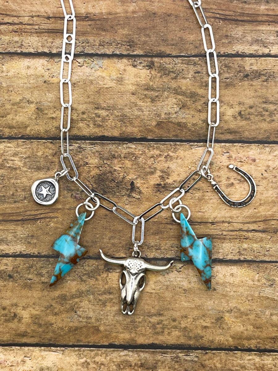 Brighton-Turquoise Lightning Bolt Charm Choker, Ox Skull, Stars Necklace