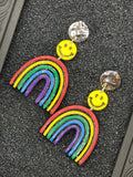 Love-Rainbow with Smiley Face Earrings: Handmade, Hand-Painted Polymer Clay