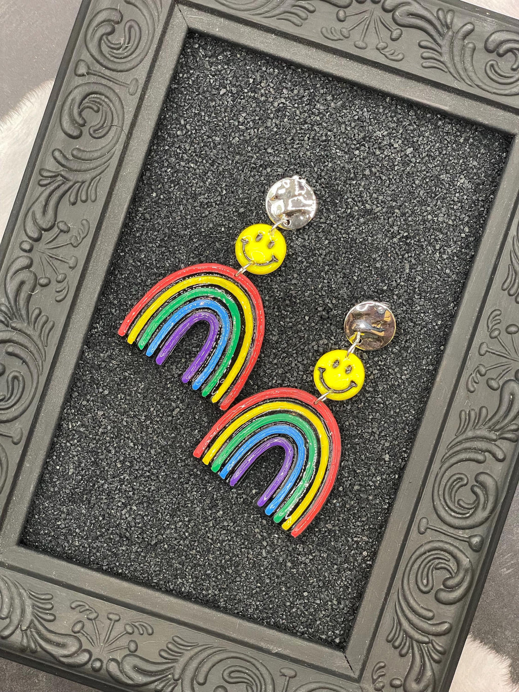Love-Rainbow with Smiley Face Earrings: Handmade, Hand-Painted Polymer Clay