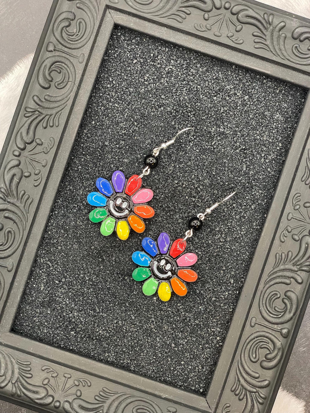 Love-Rainbow Smiley Daisy Earrings: Handmade, Hand-Painted Polymer Clay